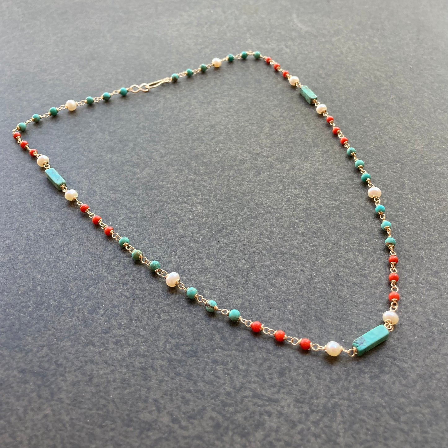 Natural Coral, Turquoise, Freshwater Pearl & Gold Necklace