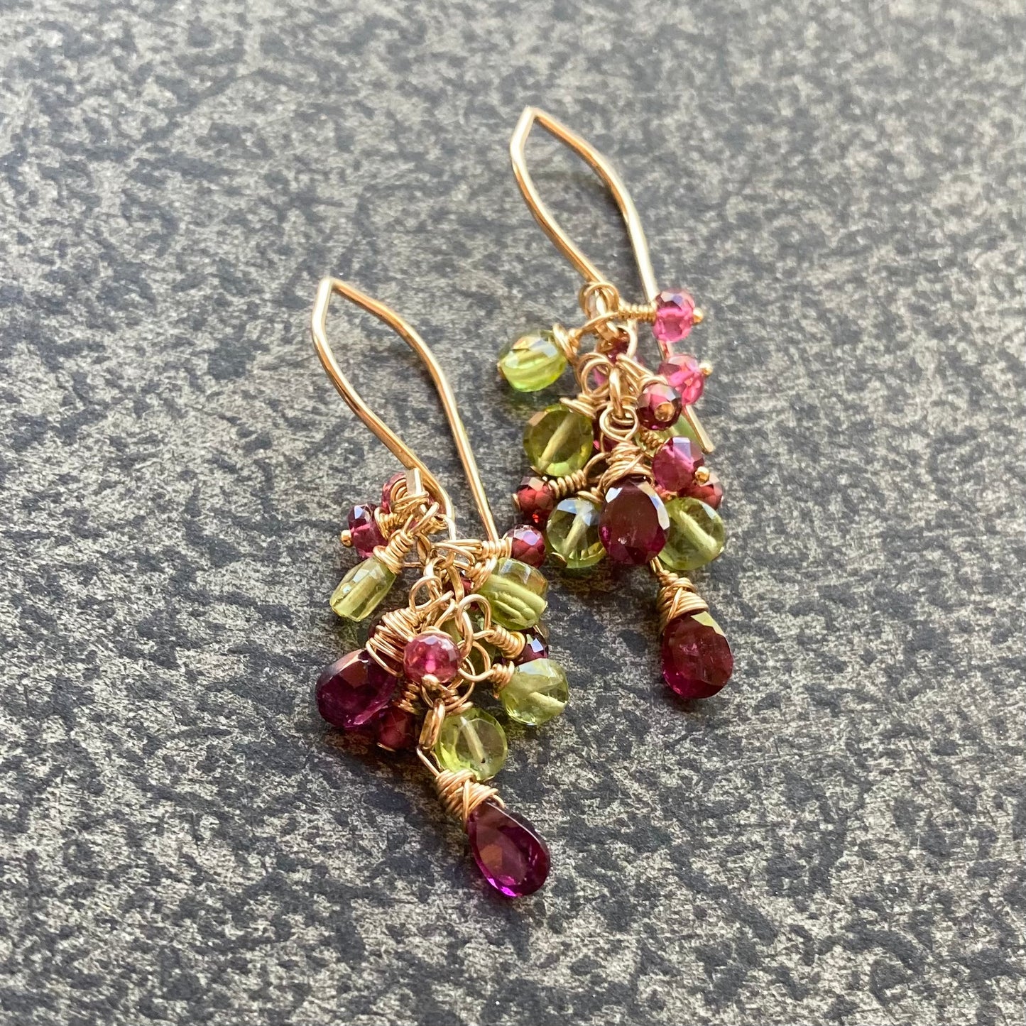 Peridot, Rhodolite, Rubelite & Gold Cascade Earrings