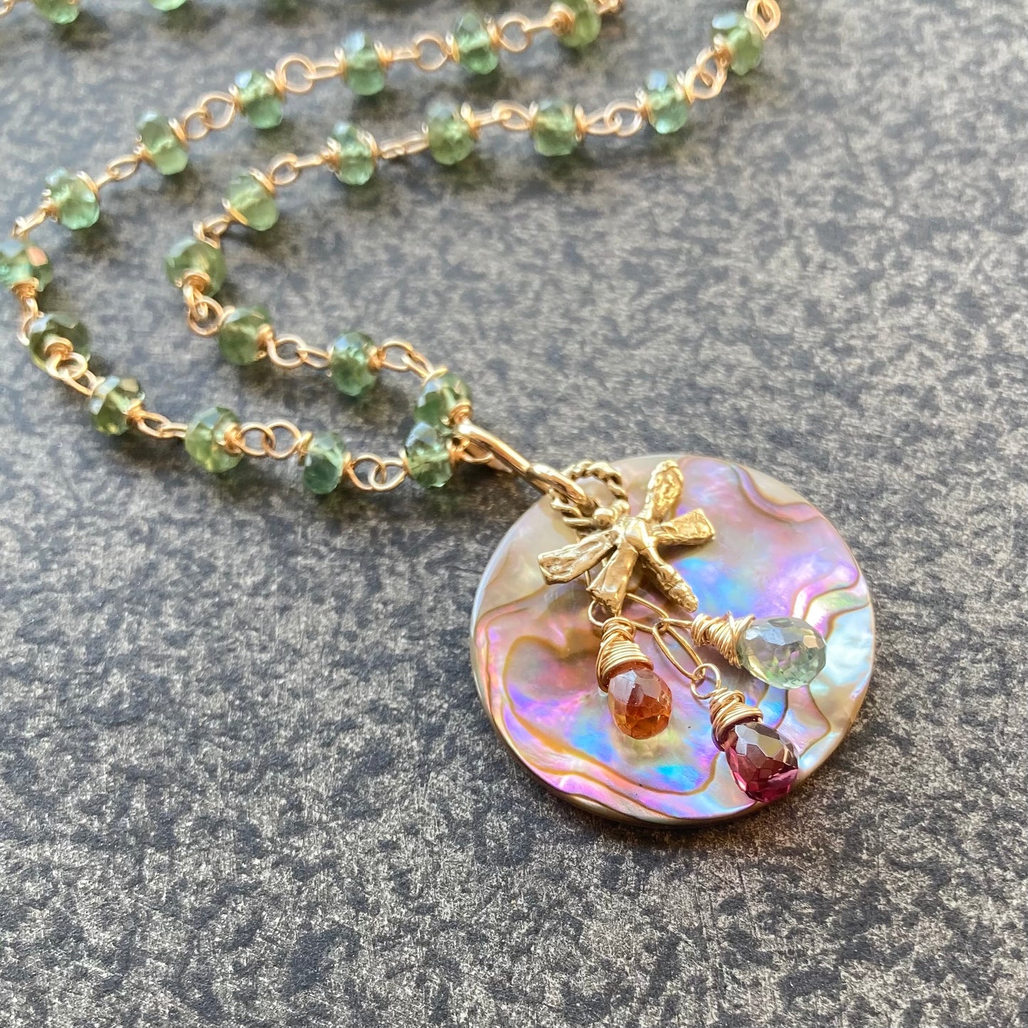 Green Apatite, Gold, Vintage Abalone & Bronze Dragonfly Reflection Pendant Necklace