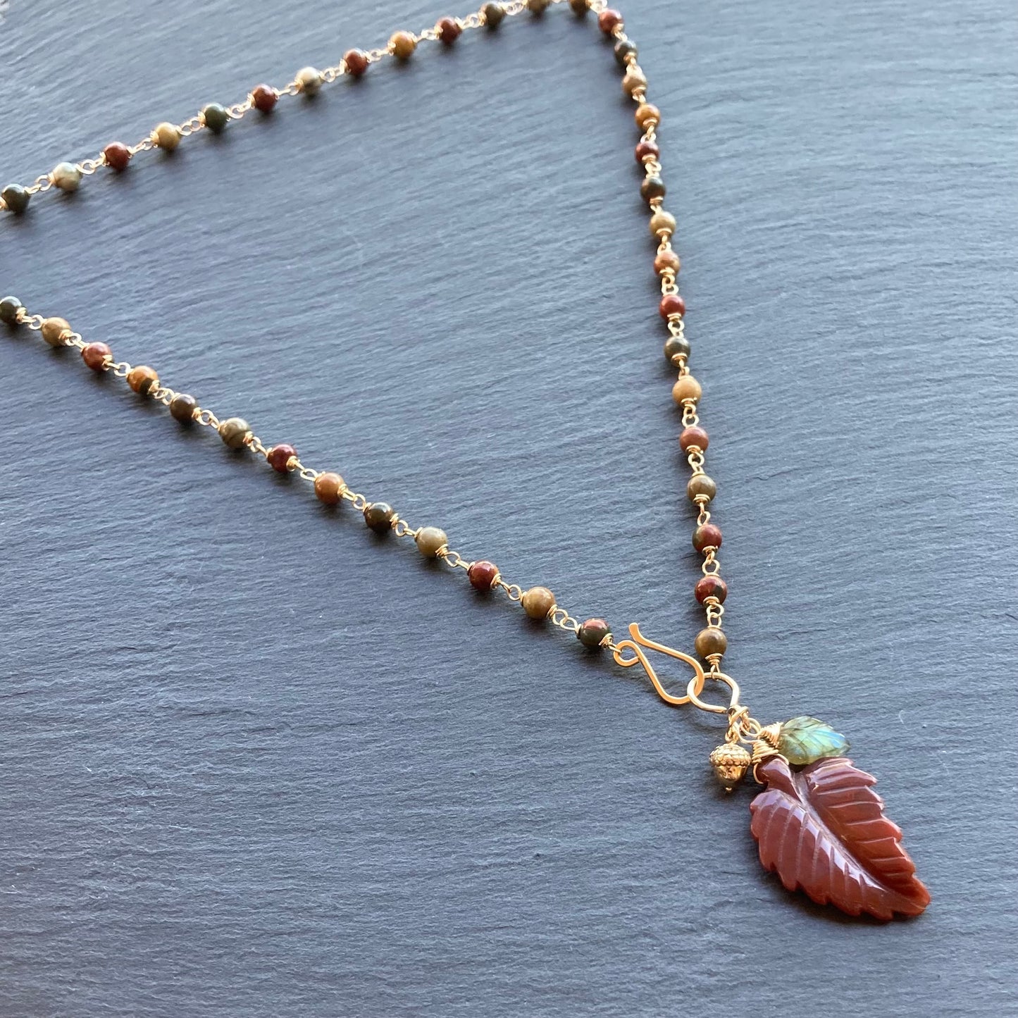 Red Creek Jasper, Gold & Indian Agate Autumn Leaf Pendant Necklace
