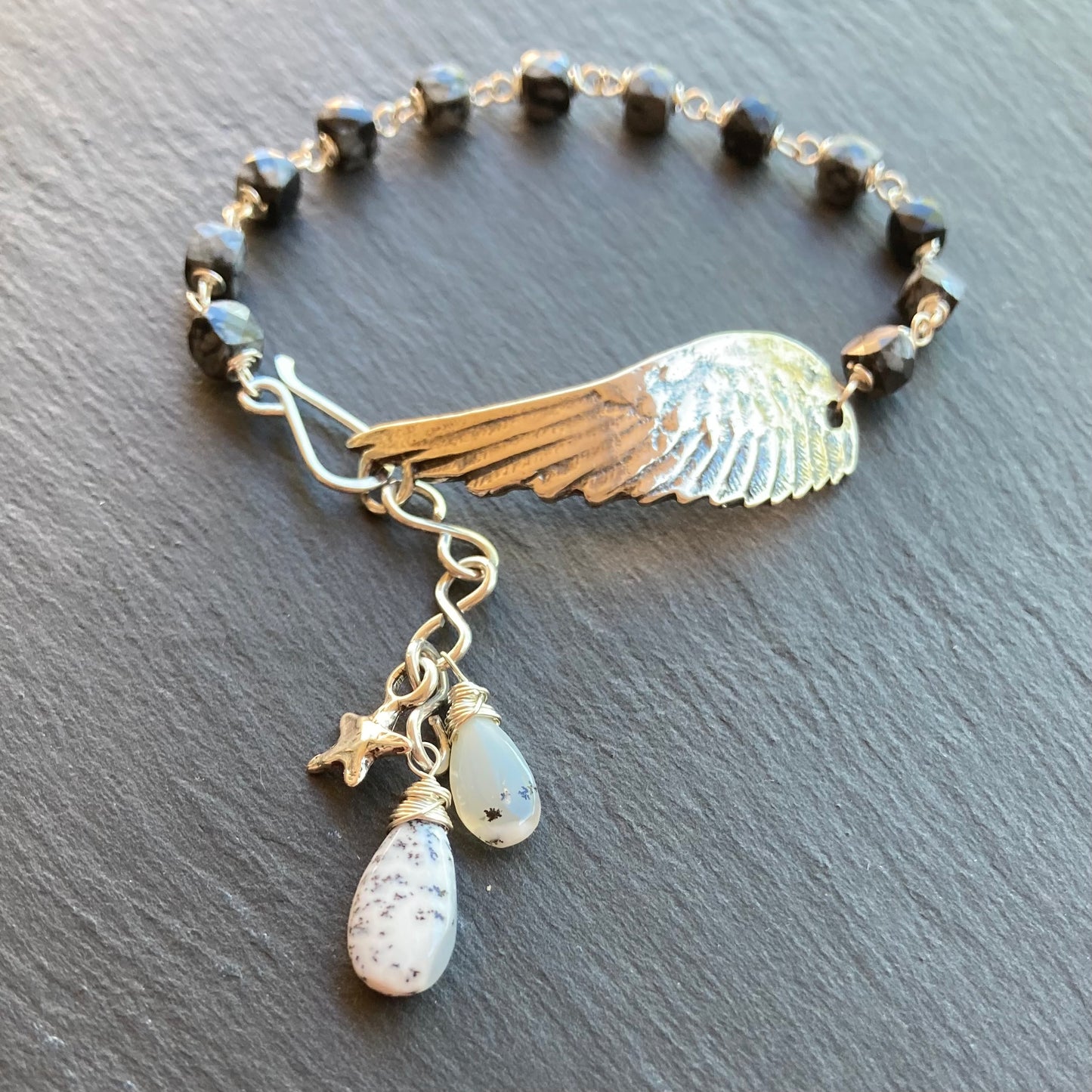Snowflake Obsidian, Dendritic Opal & Sterling Silver Winged Goddess Bracelet