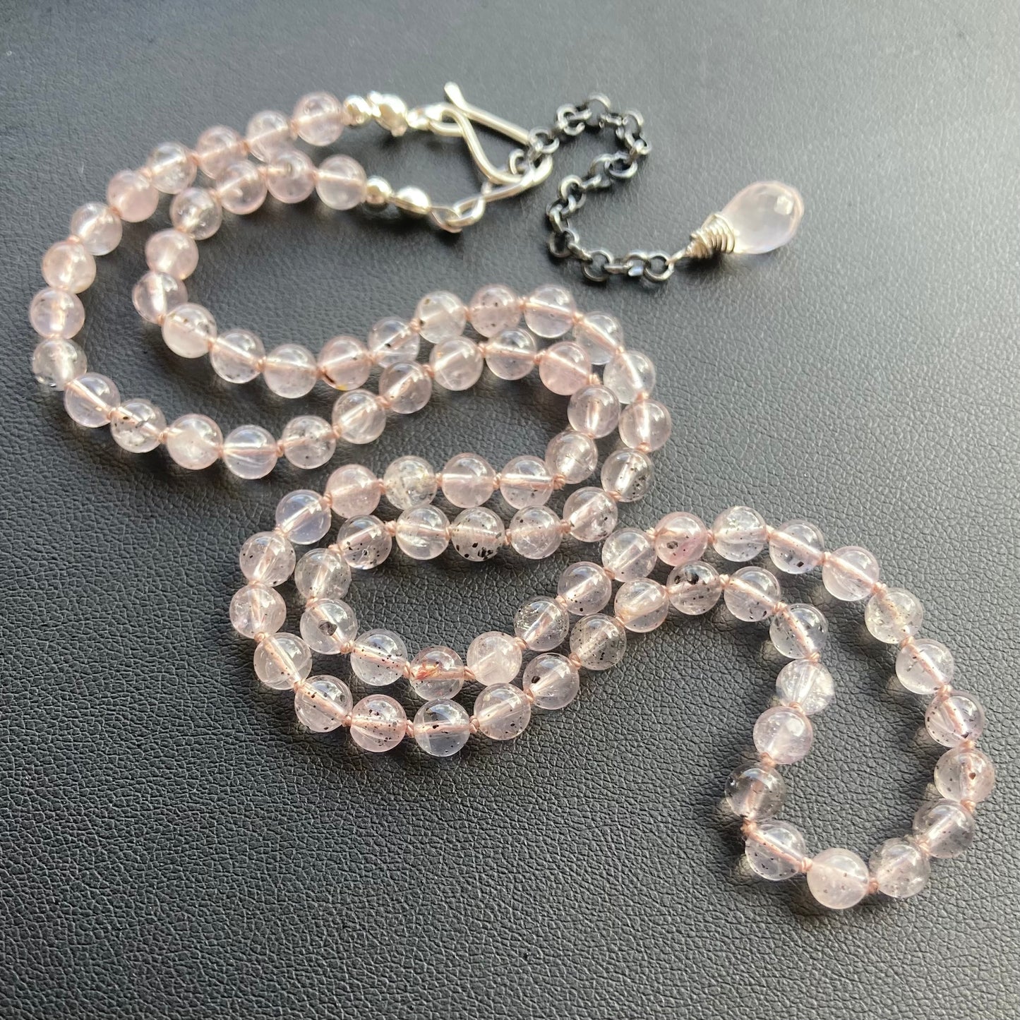 Hematite in Rose Quartz Hand Knotted Blush Silk Necklace
