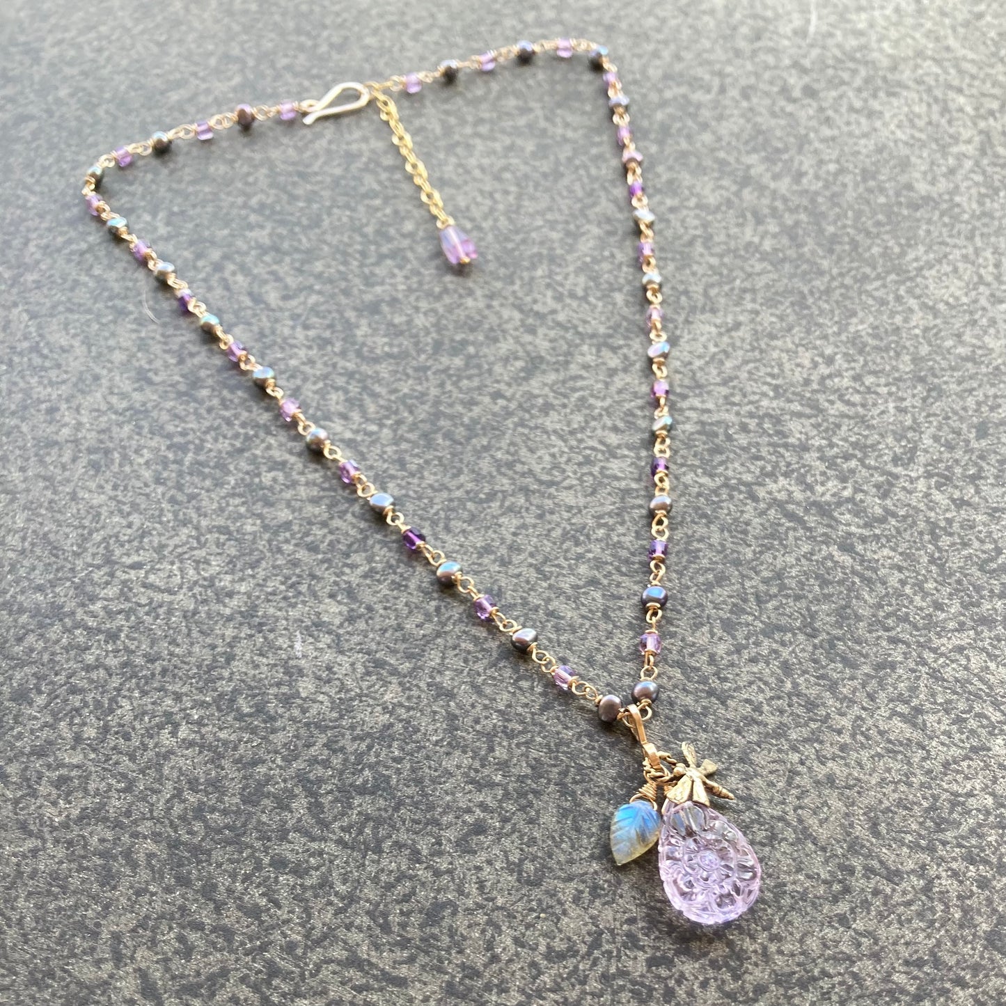 Amethyst, Freshwater Peacock Pearl & Gold Dragonfly Charm Necklace