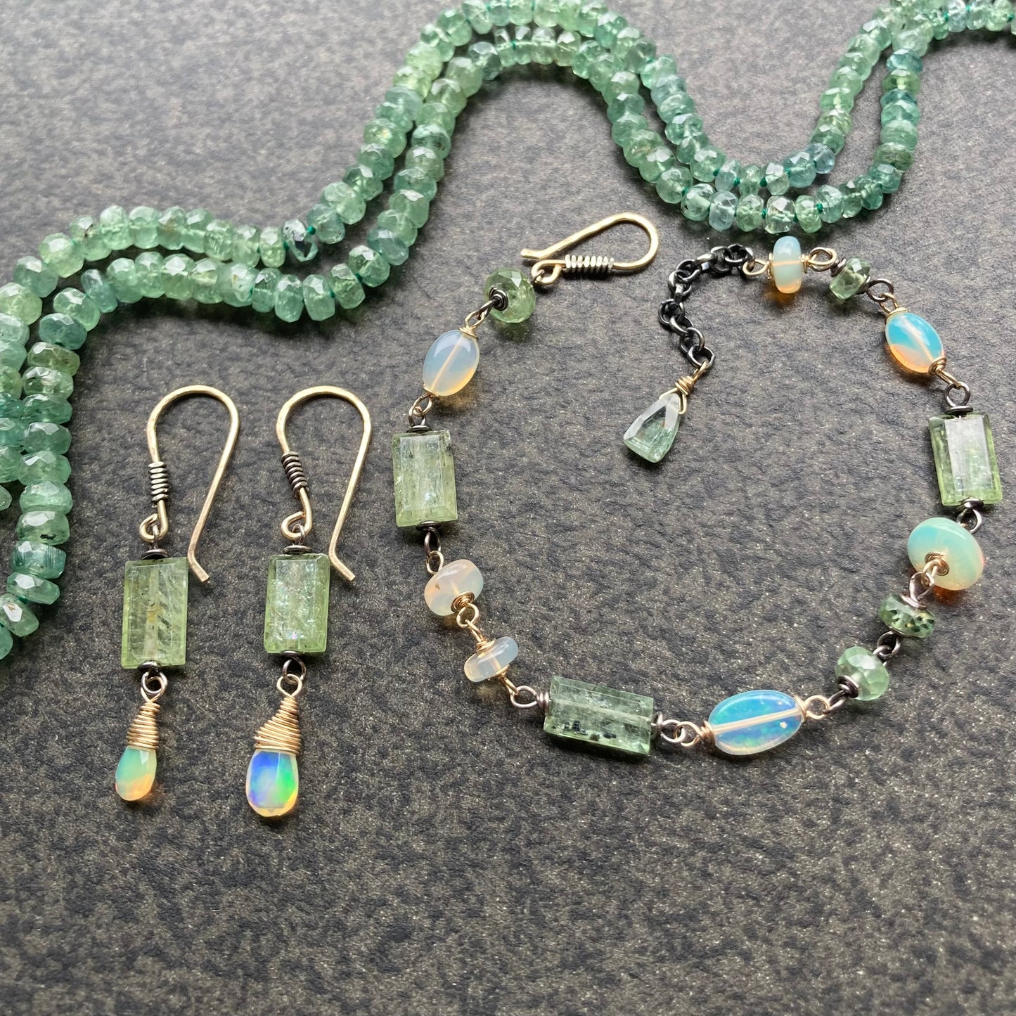 Ethiopian Opal, Green Kyanite & Mixed Metal Earrings