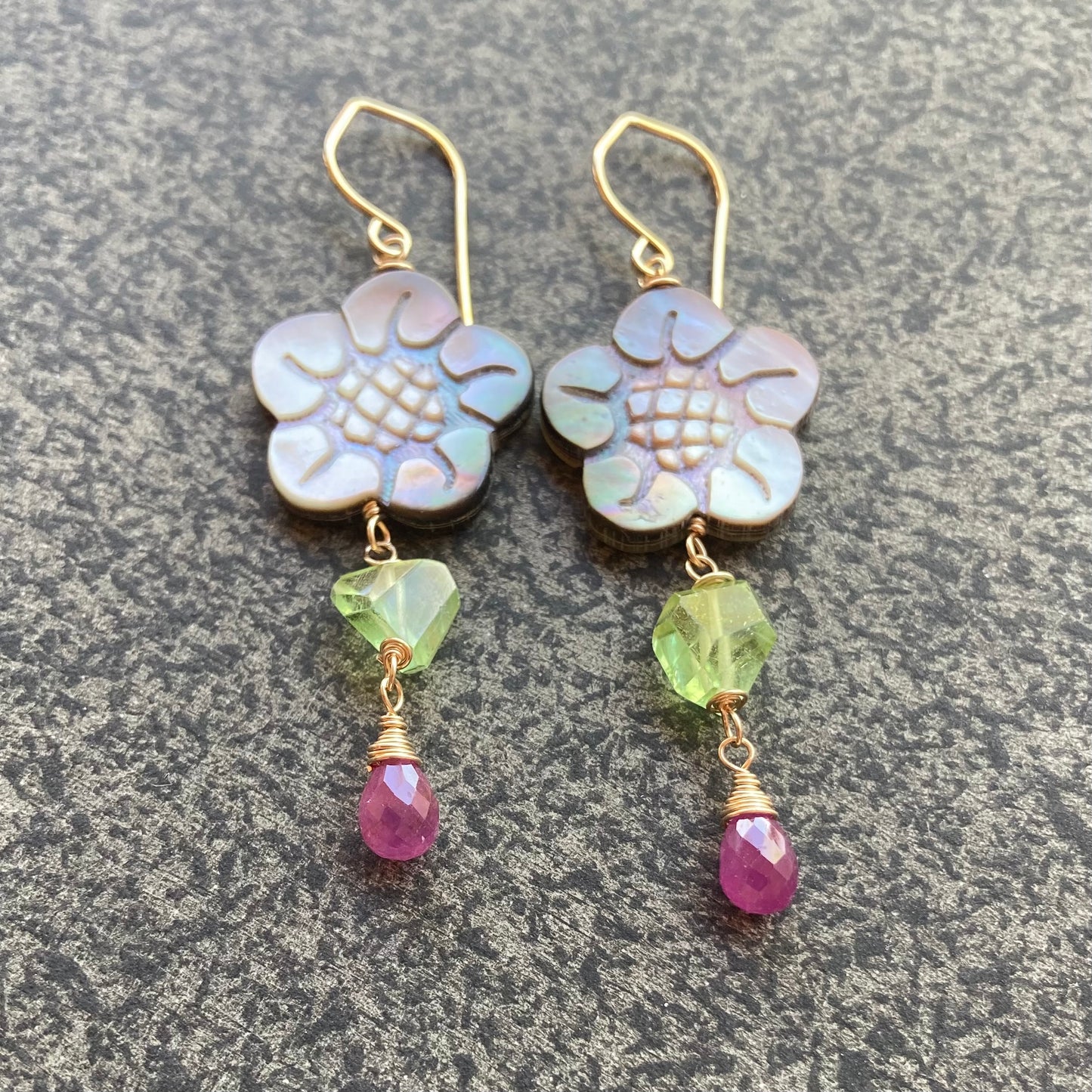 Black Mother of Pearl, Peridot, Ruby & Gold Cherry Blossom Earrings