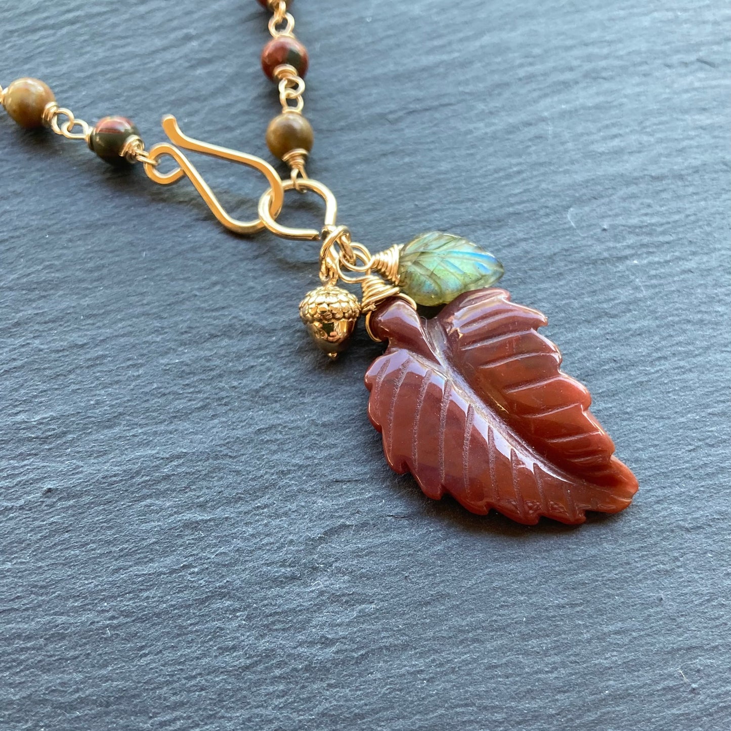 Red Creek Jasper, Gold & Indian Agate Autumn Leaf Pendant Necklace