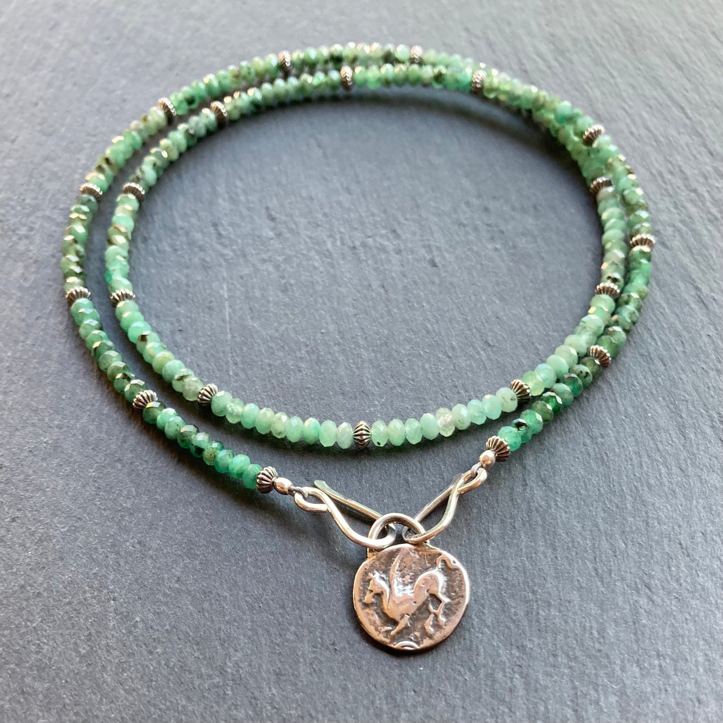 Natural Emerald & Sterling Silver Pegasus & Athena Coin Convertible Necklace