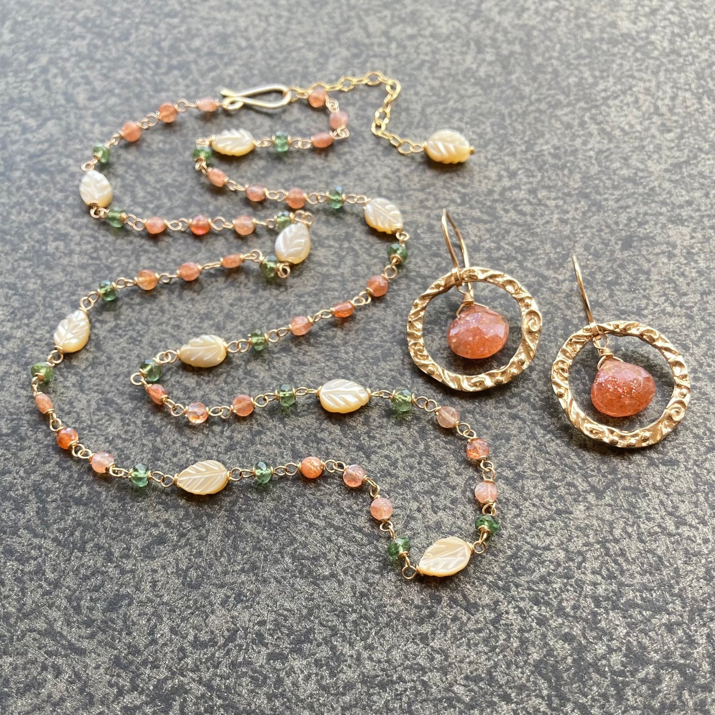 Oregon Sunstone, Green Apatite, Mother of Pearl & Gold Necklace