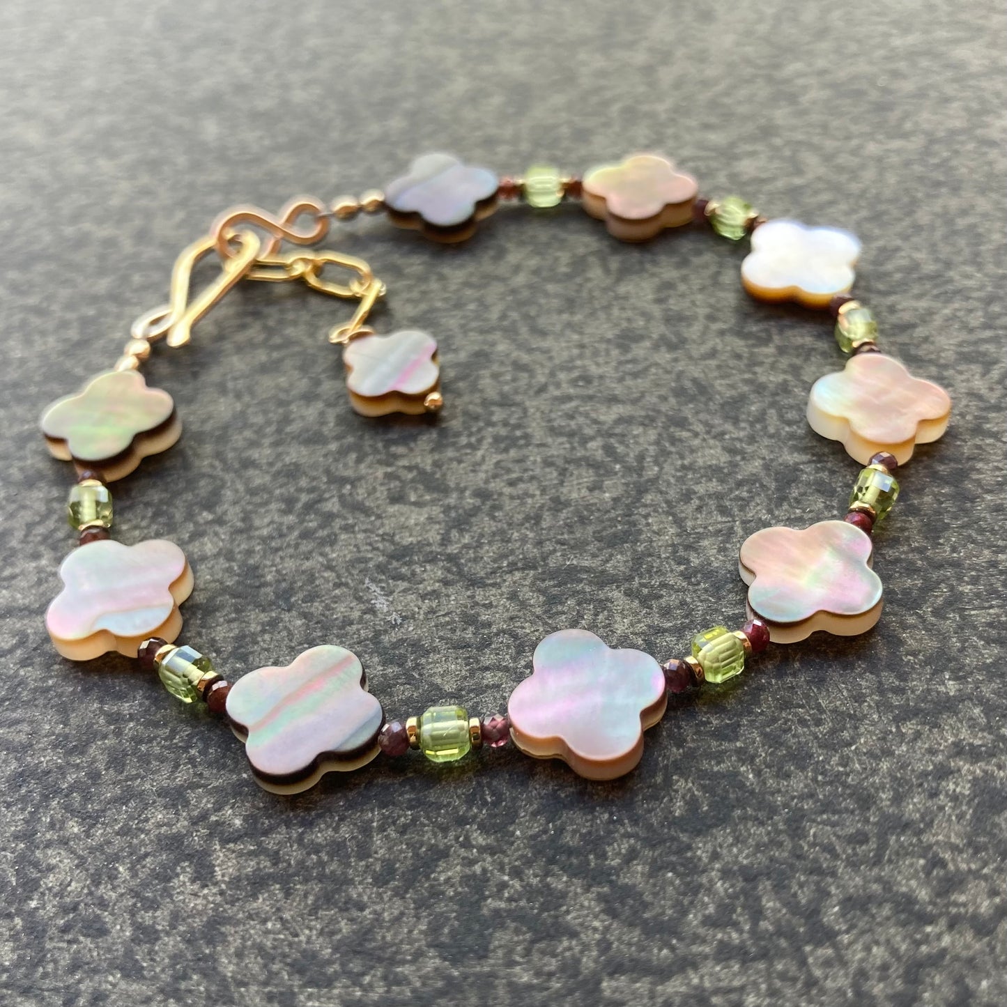 Black Mother of Pearl, Peridot, Ruby & Gold Clover Bracelet