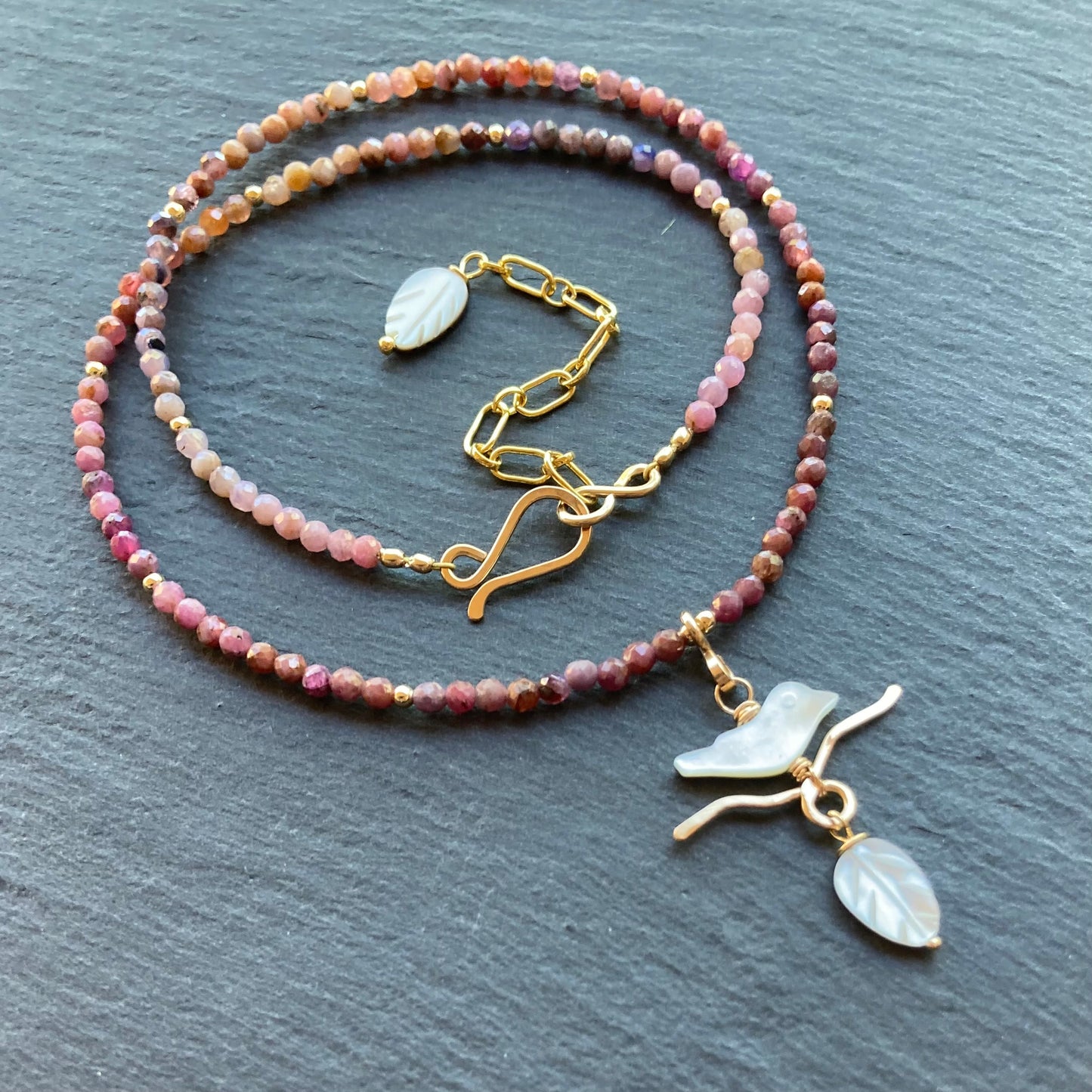 Black Mother of Pearl, Natural Ruby & Gold Autumn Branches Choker