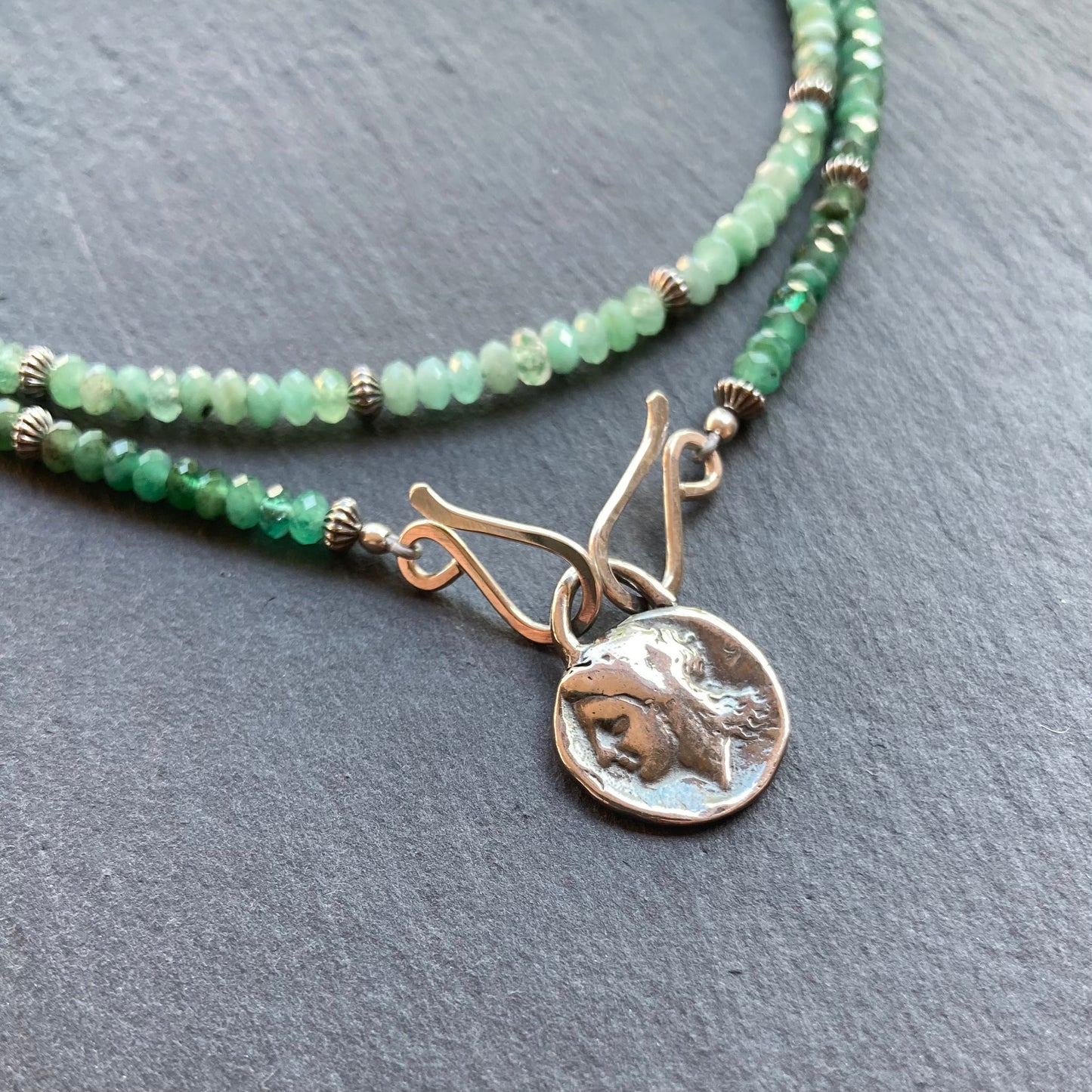 Natural Emerald & Sterling Silver Pegasus & Athena Coin Convertible Necklace