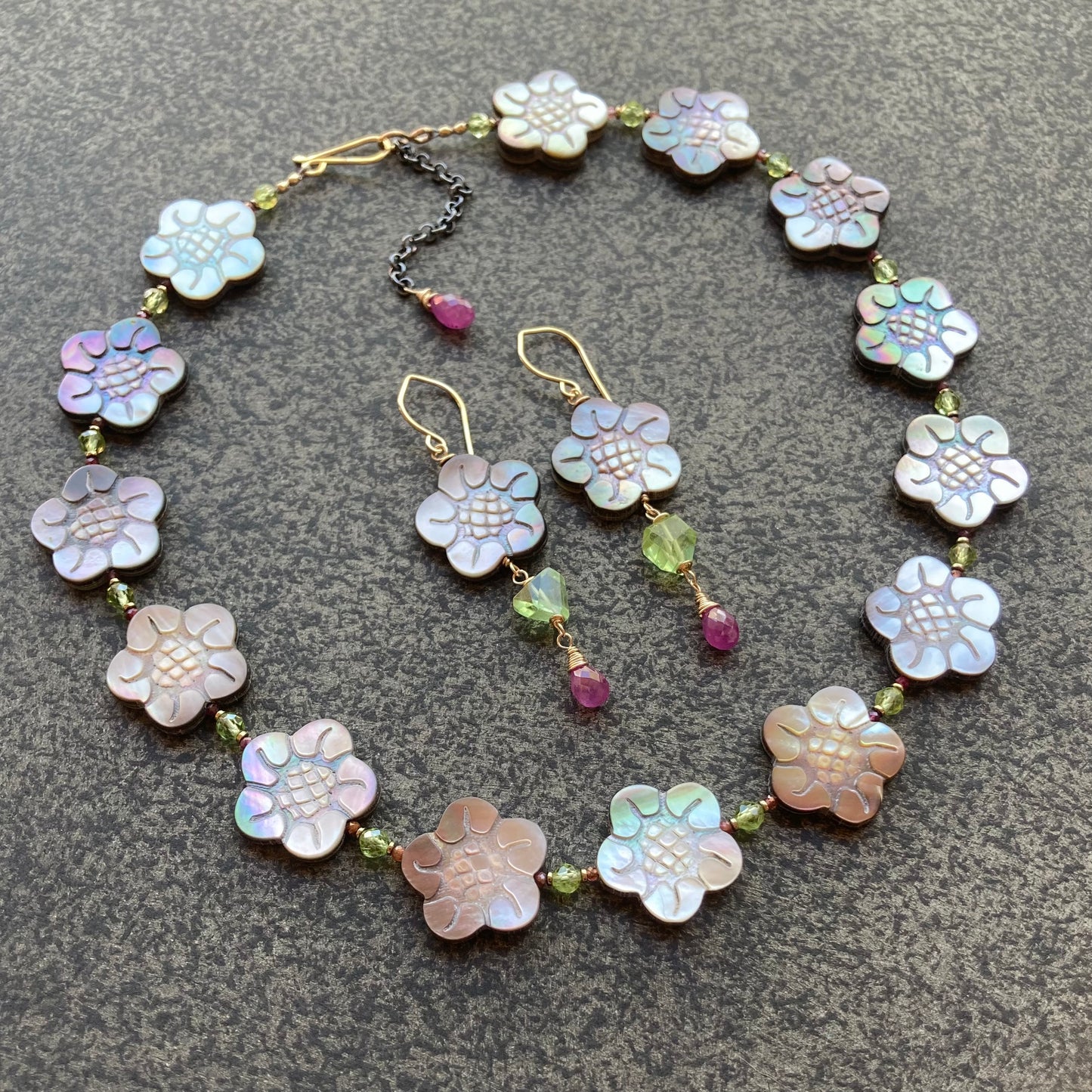 Black Mother of Pearl, Peridot, Ruby & Gold Cherry Blossom Earrings