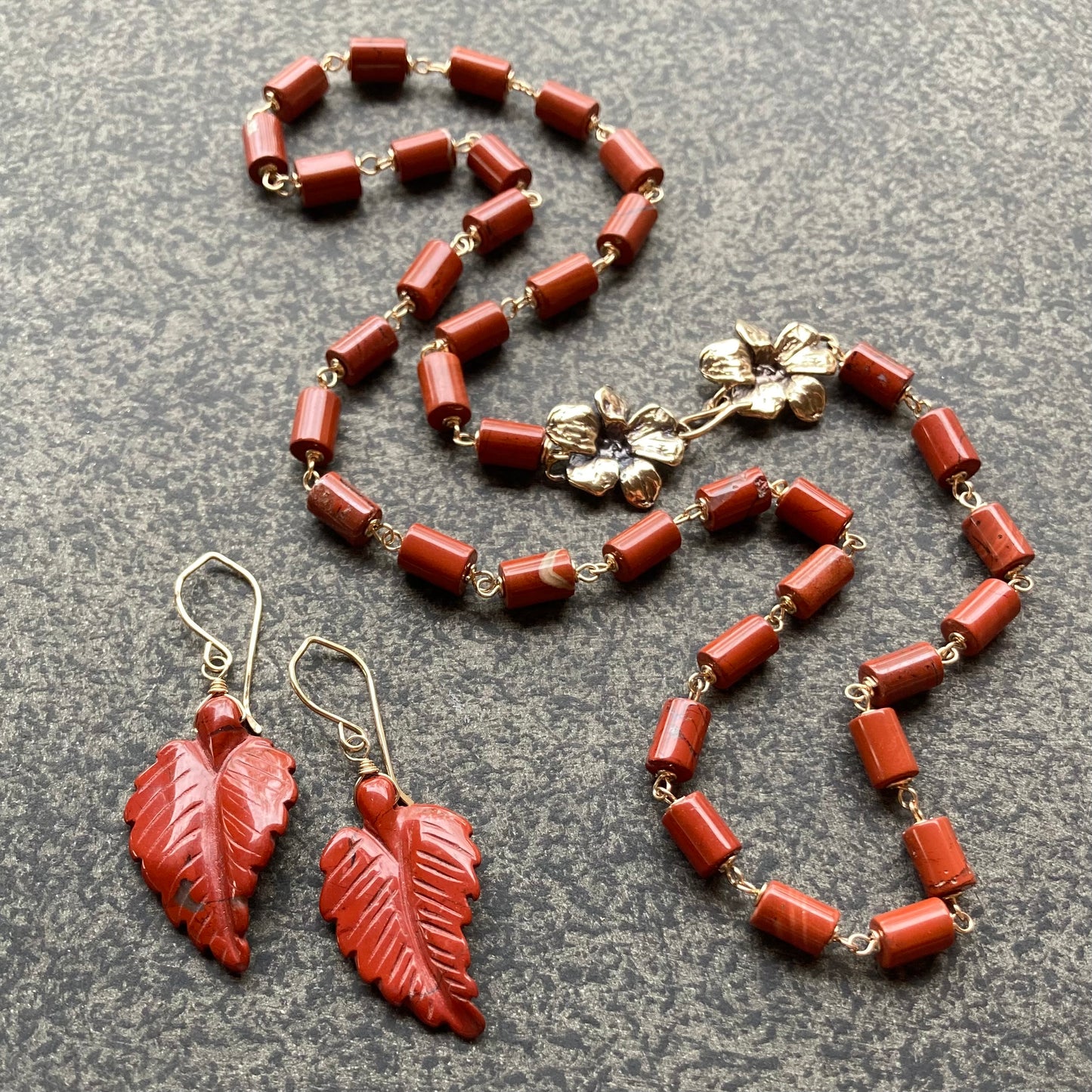 Red Jasper, Gold & Bronze Floral Clasp Necklace