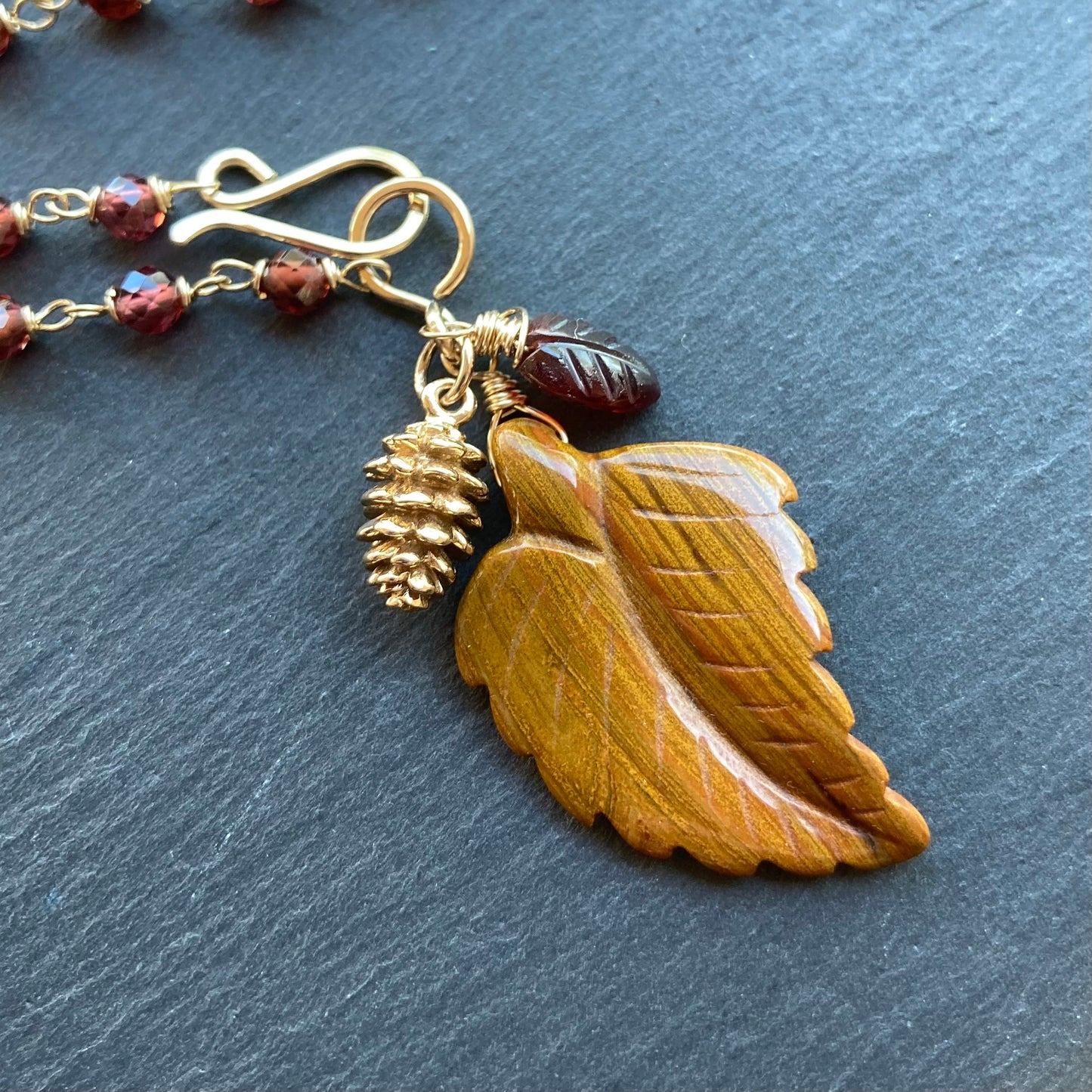 Malaya Garnet, Gold & Moroccan Agate Autumn Leaf Pendant Necklace
