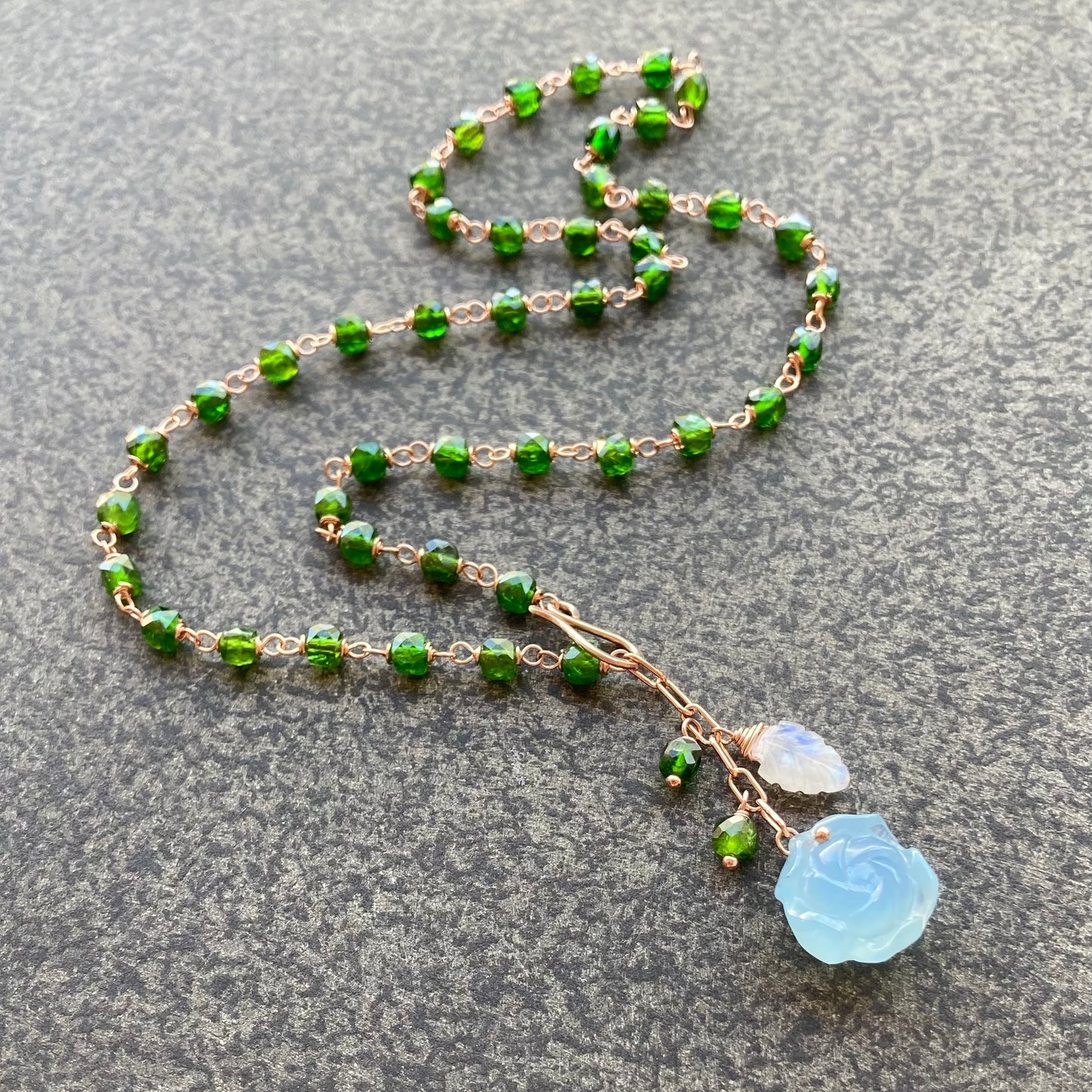 Aquamarine, Chrome Diopside & Rose Gold Lariat Necklace