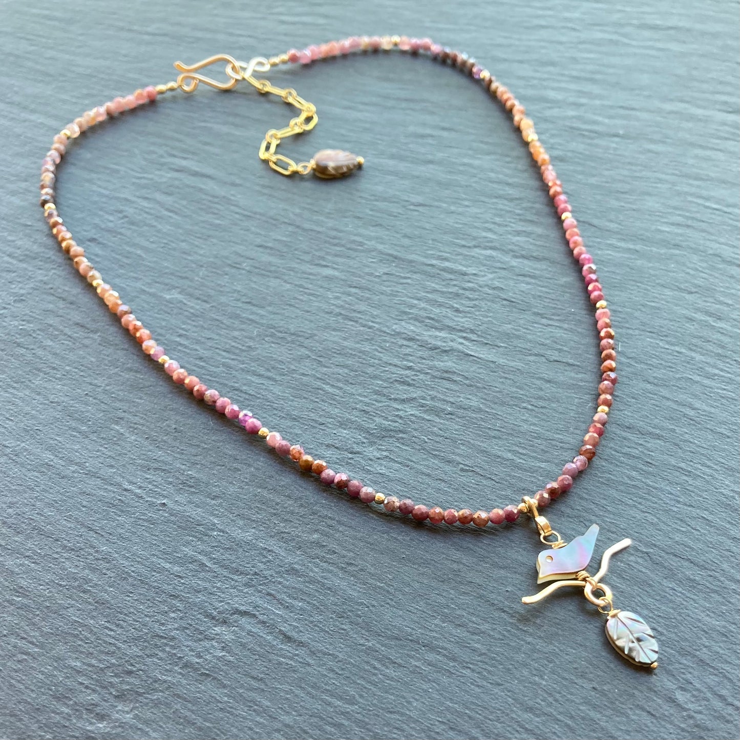 Black Mother of Pearl, Natural Ruby & Gold Autumn Branches Choker