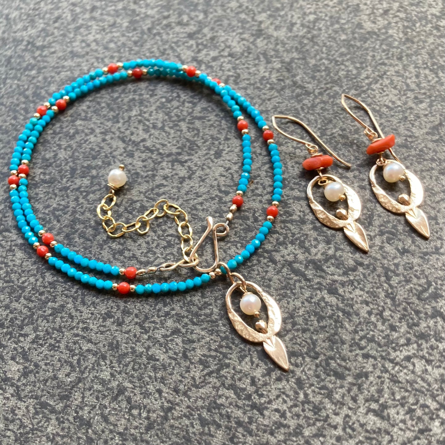Sleeping Beauty Turquoise, Italian Coral, Gold & Bronze Goddess Pendant Choker