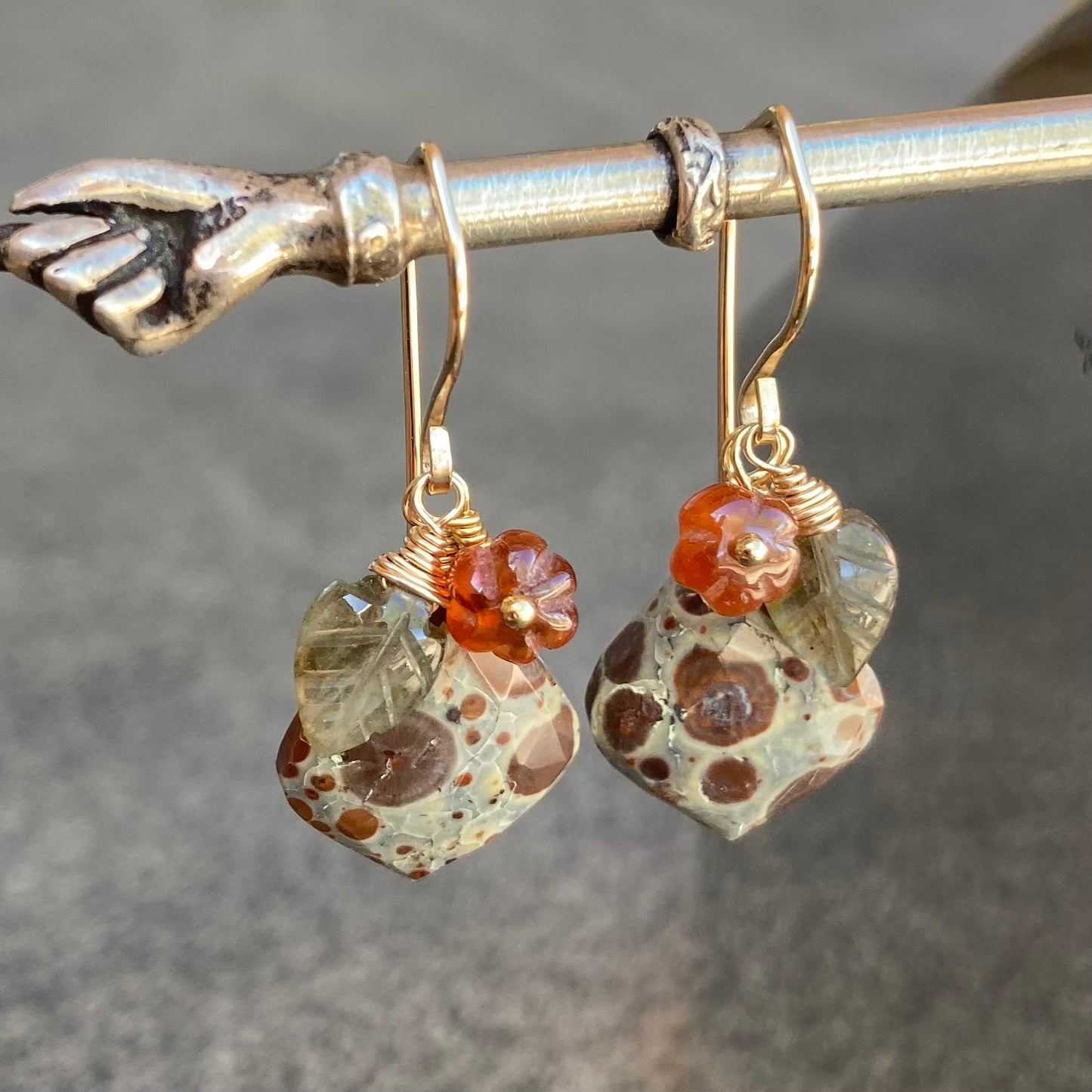 Asteroid Jasper, Hessonite, Labradorite & Gold Garden Charm Earrings