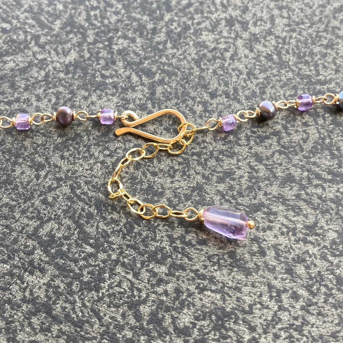 Amethyst, Freshwater Peacock Pearl & Gold Dragonfly Charm Necklace