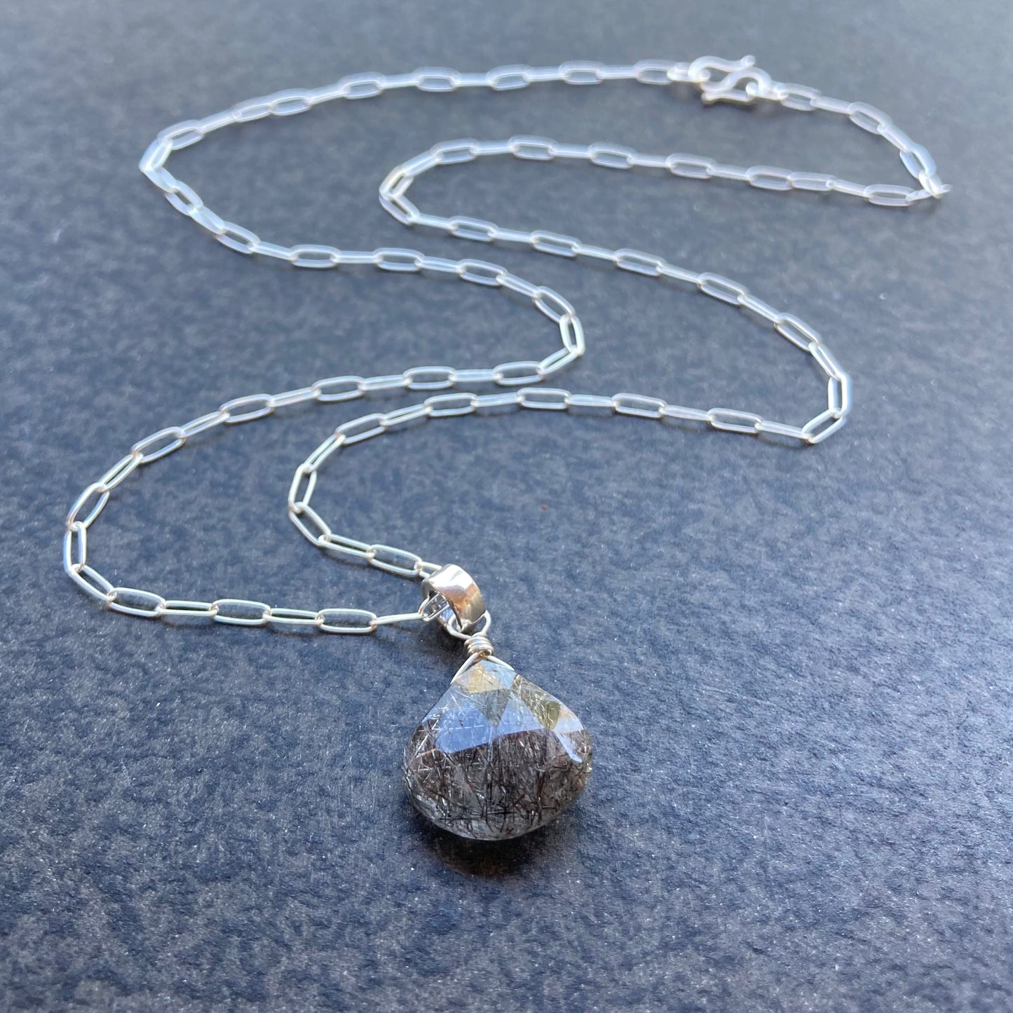 Black Rutilated Quartz & Sterling Silver Pendant Necklace
