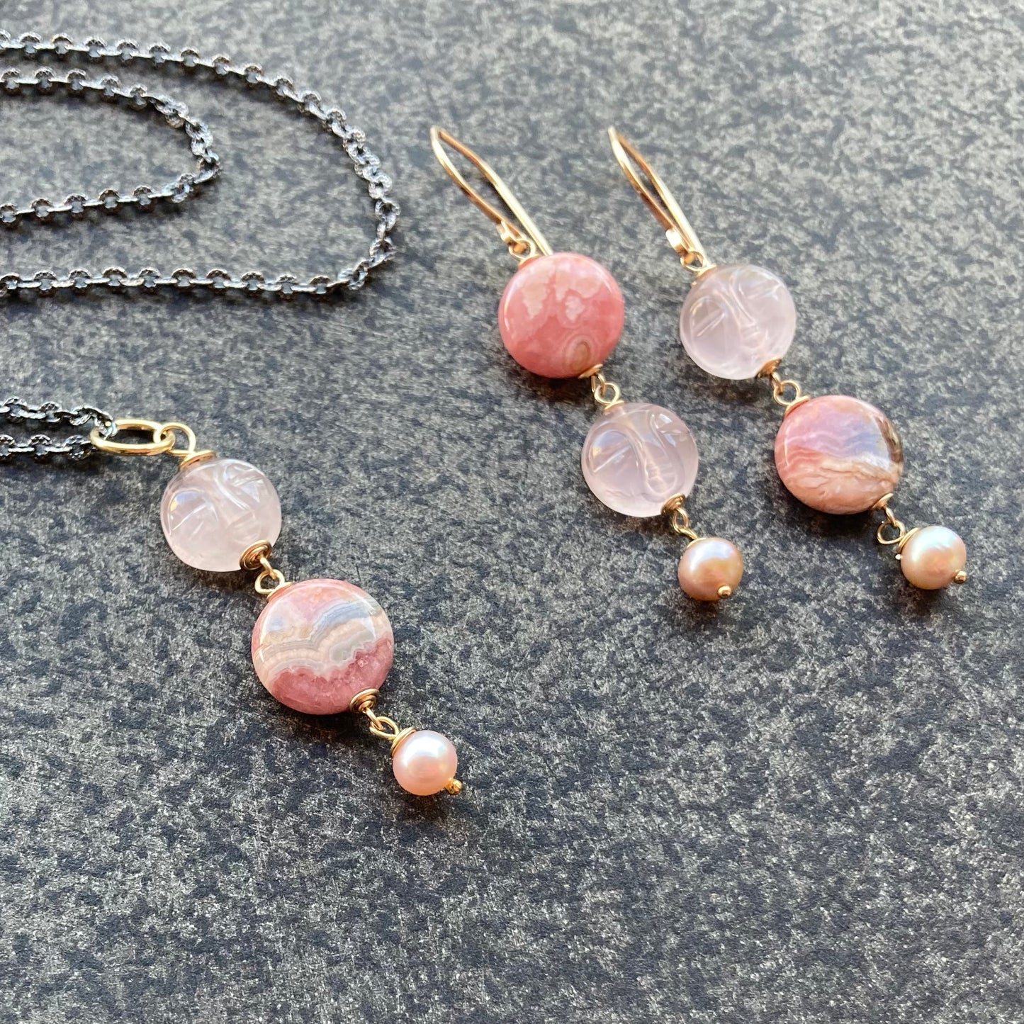 Rhodochrosite, Rose Quartz & Mixed Metal Pink Moon Rising Pendant Necklace