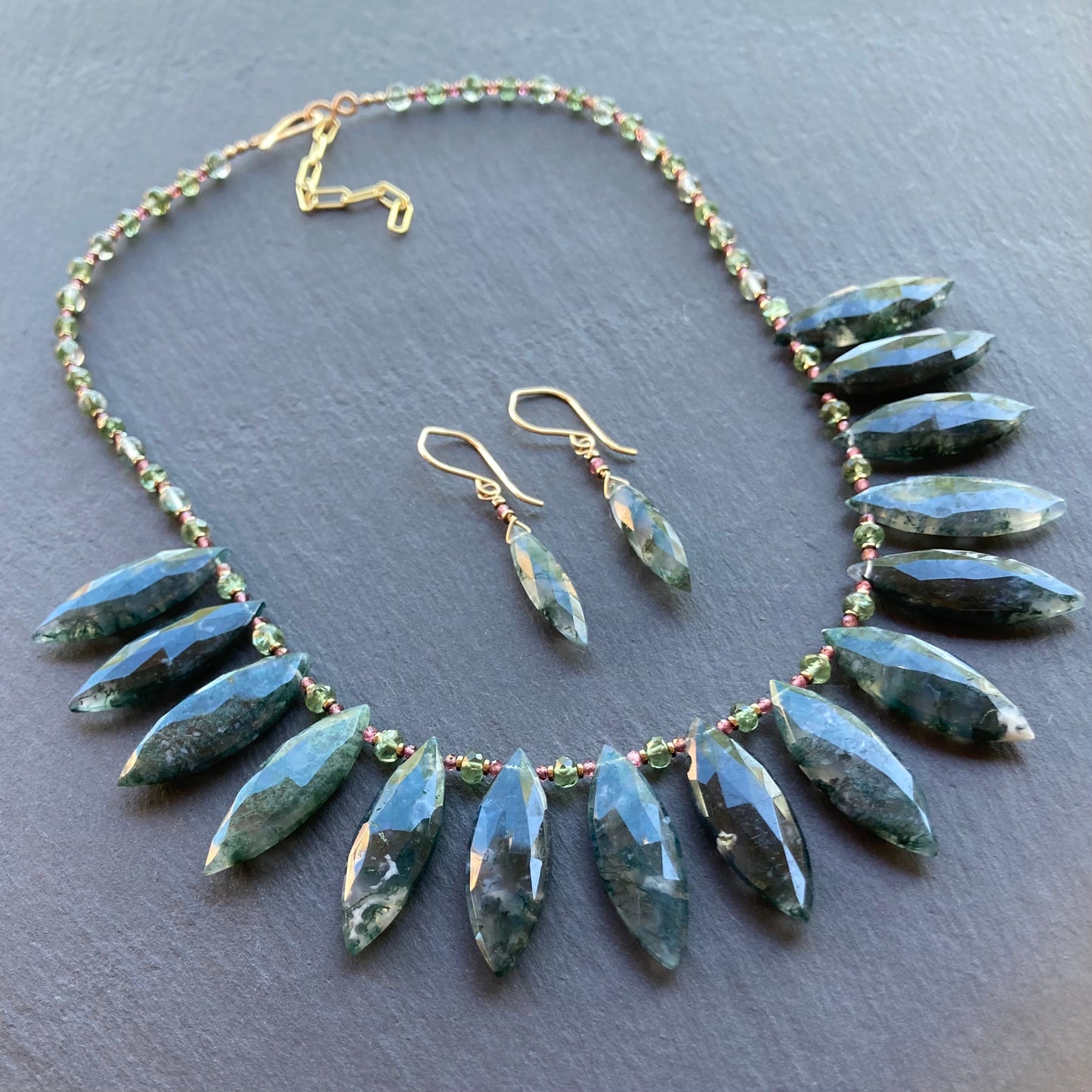 Moss Agate & Gold Marquis Earrings