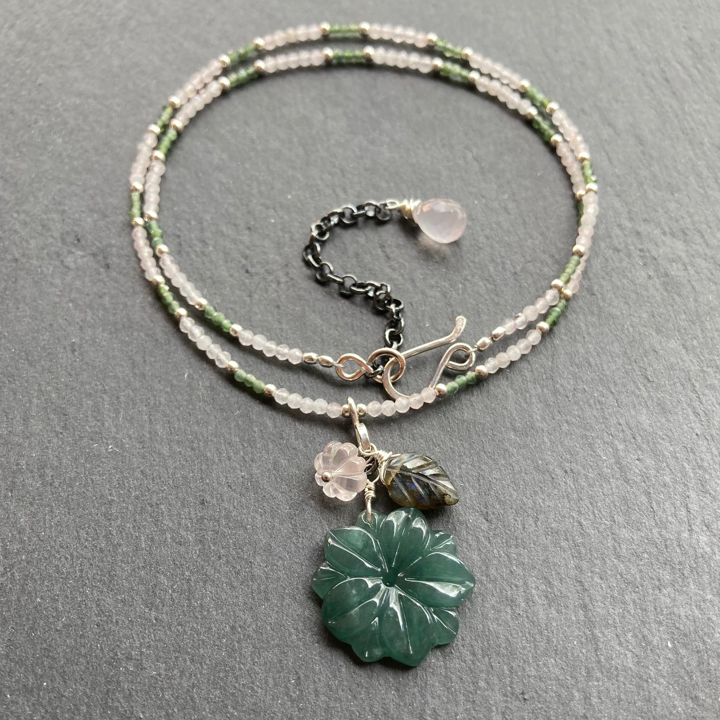 Rose Quartz, Sterling Silver & Guatemalan Jade Winter Succulent Necklace