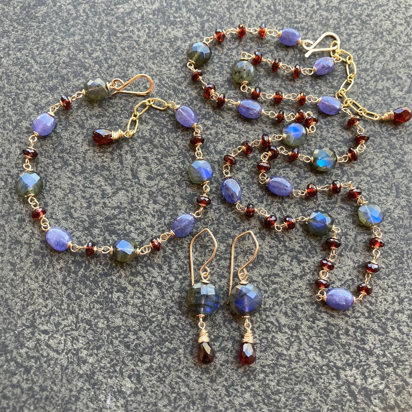 Labradorite, Tanzanite, Mozambique Garnet & 14k Gold Bracelet