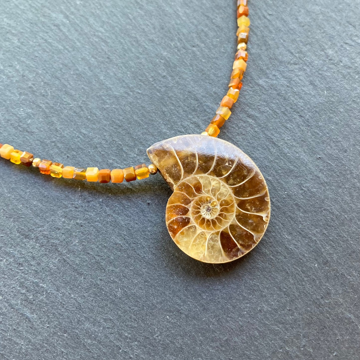 Australian Fire Opal & Gold Ammonite Pendant Choker