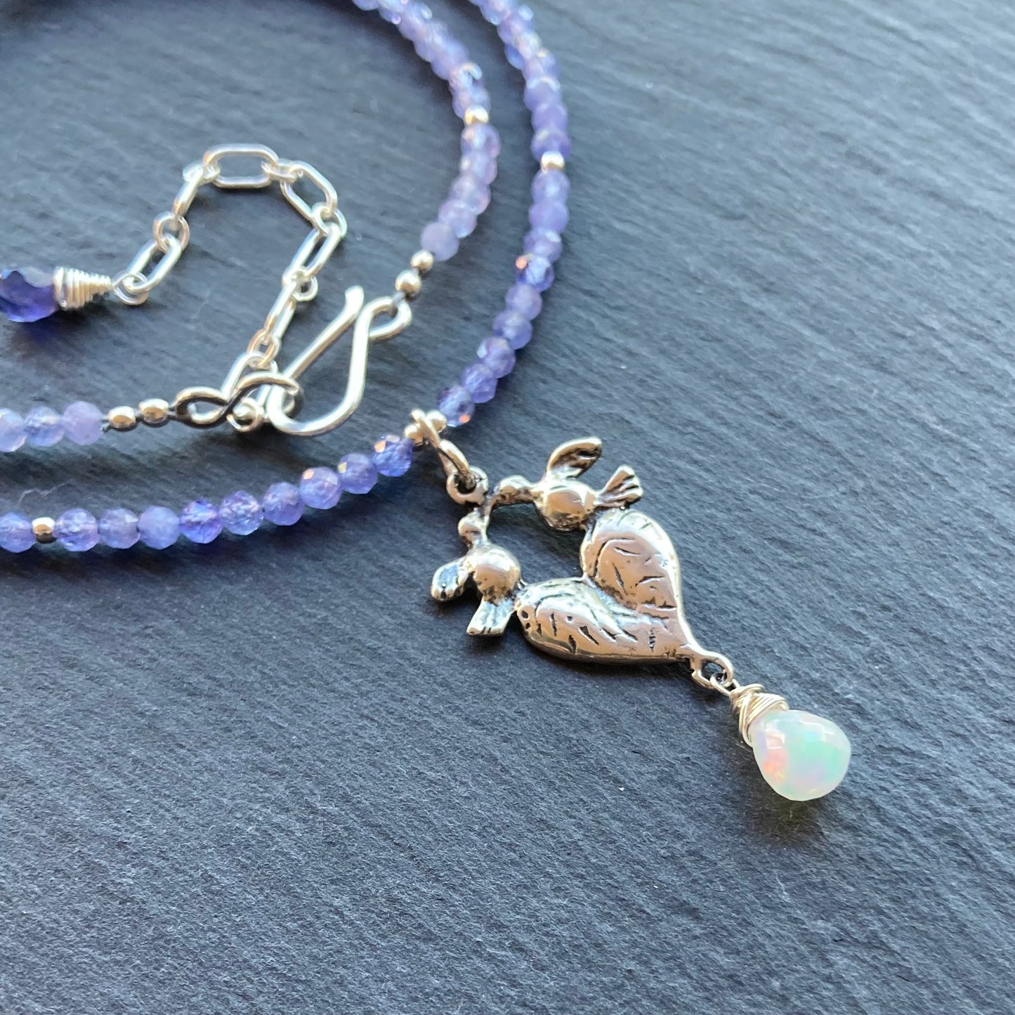 Tanzanite, Ethiopian Opal & Sterling Silver Love Birds Pendant Choker