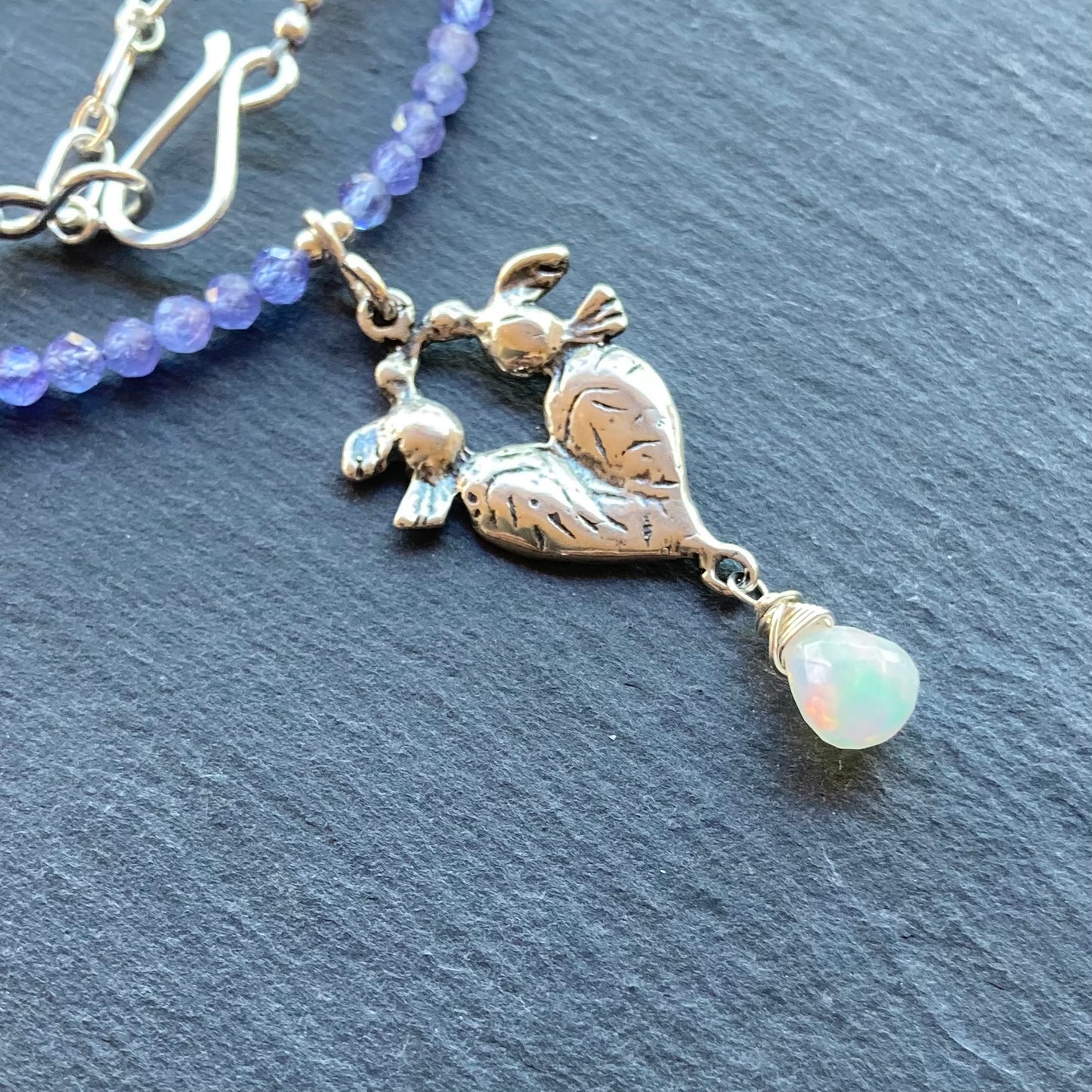 Tanzanite, Ethiopian Opal & Sterling Silver Love Birds Pendant Choker