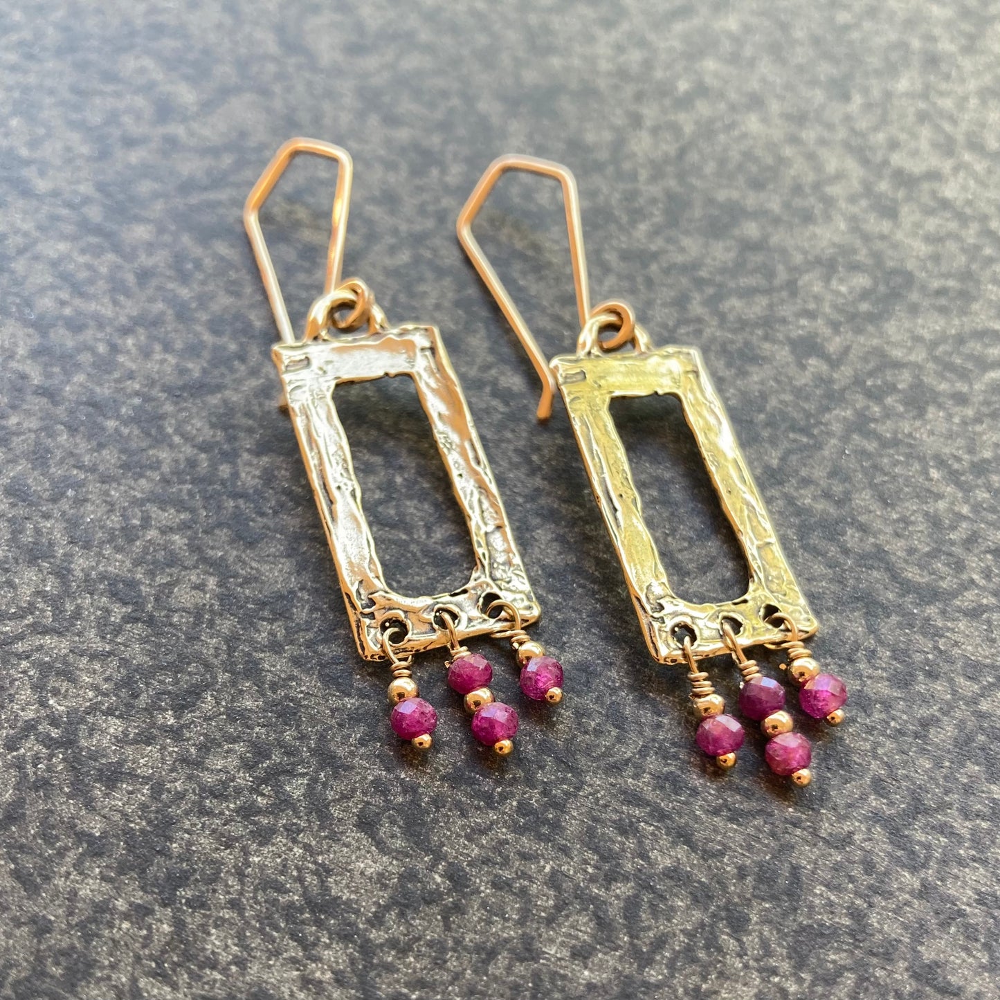 Natural Ruby, Gold & Bronze Fringe Rectangle Hoops