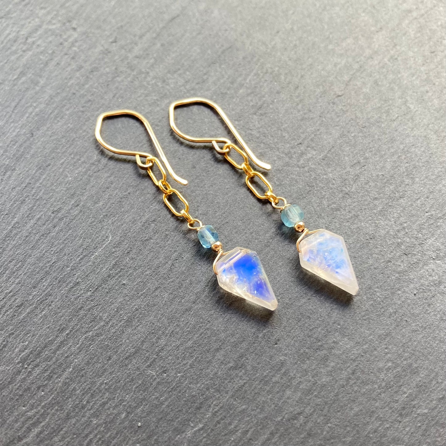 Rainbow Moonstone, Santa Maria Aquamarine & Gold Arrowhead Earrings