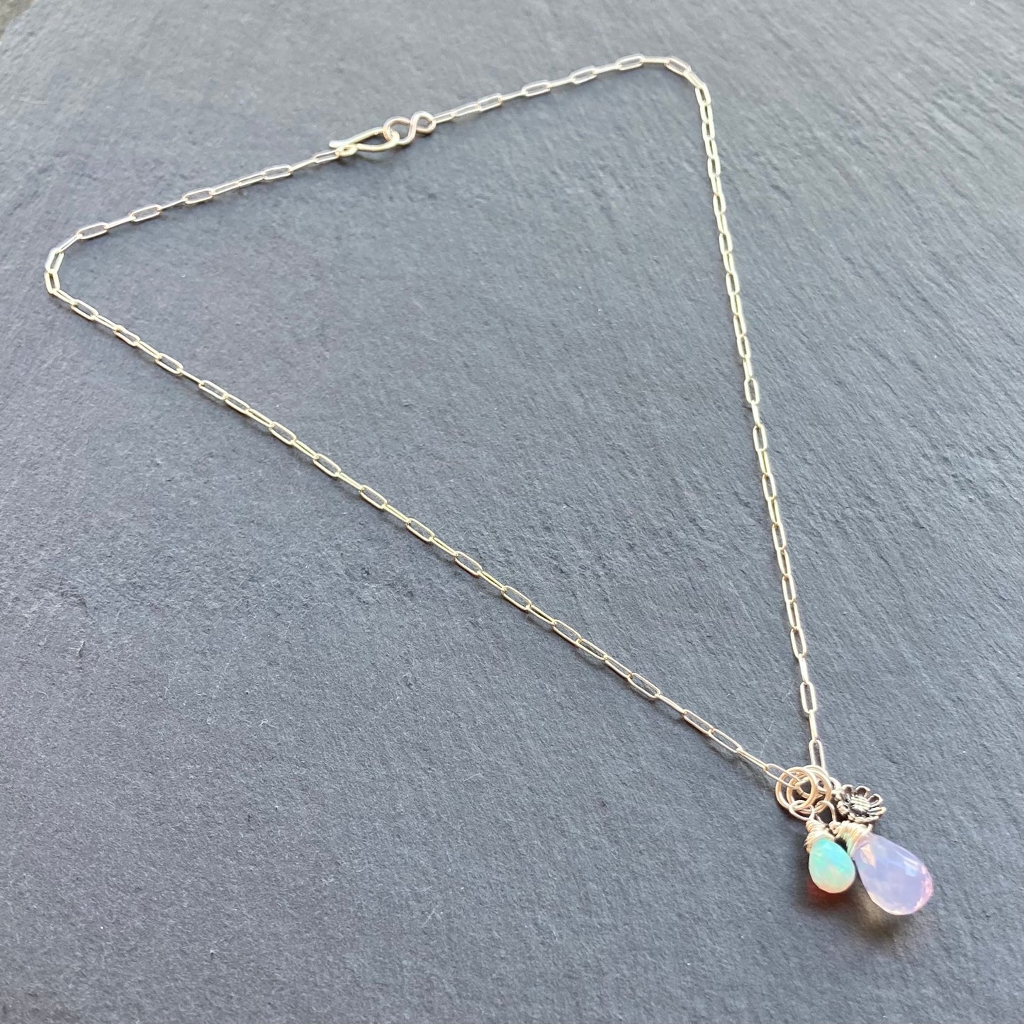 Scorolite, Ethiopian Opal & Sterling Silver Cherry Blossom Charm Necklace