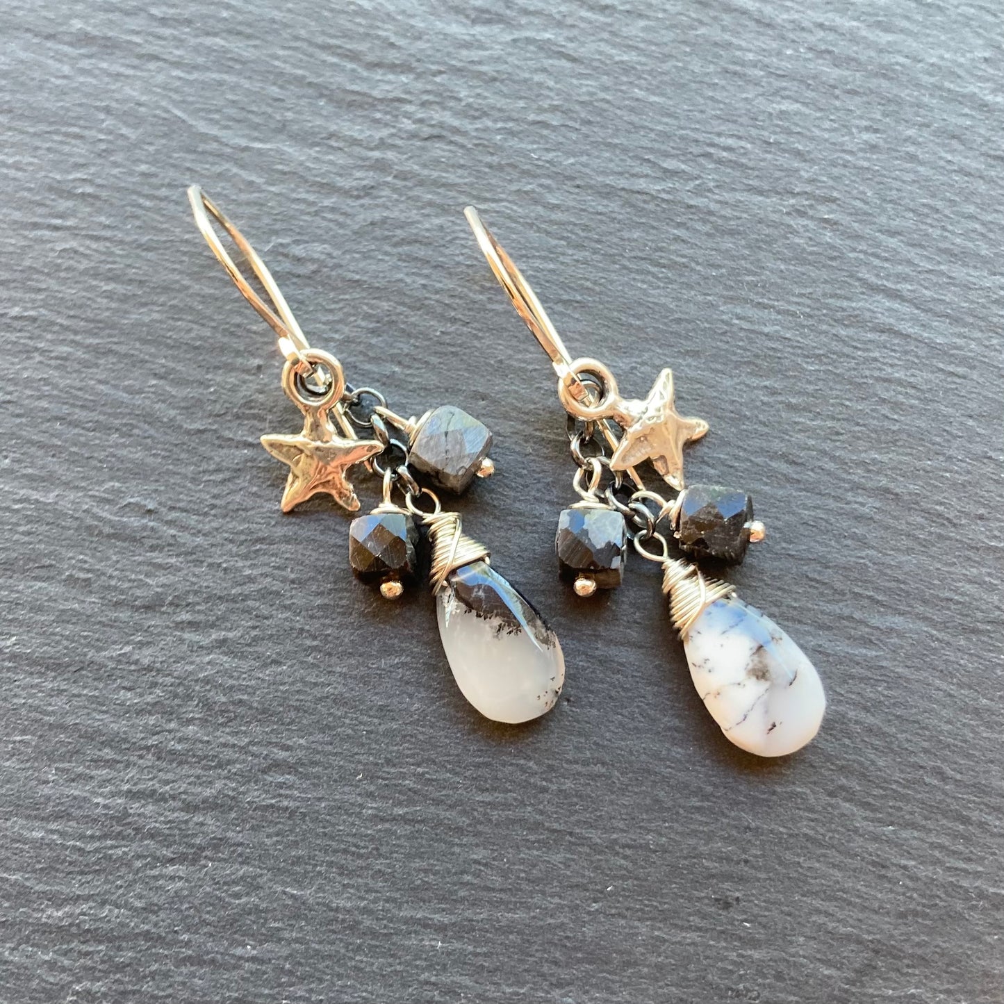 Dendritic Opal, Snowflake Obsidian & Sterling Silver Cascade Earrings