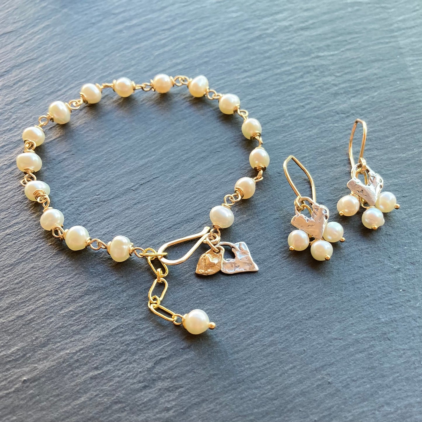 Freshwater Pearl, Gold & Sterling Silver Heart Earrings