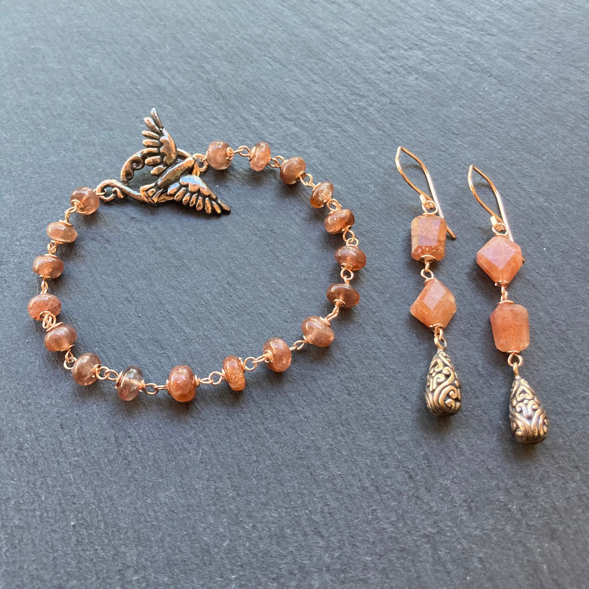 Sunstone, Rose Gold & Shibuichi Long Drop Earrings