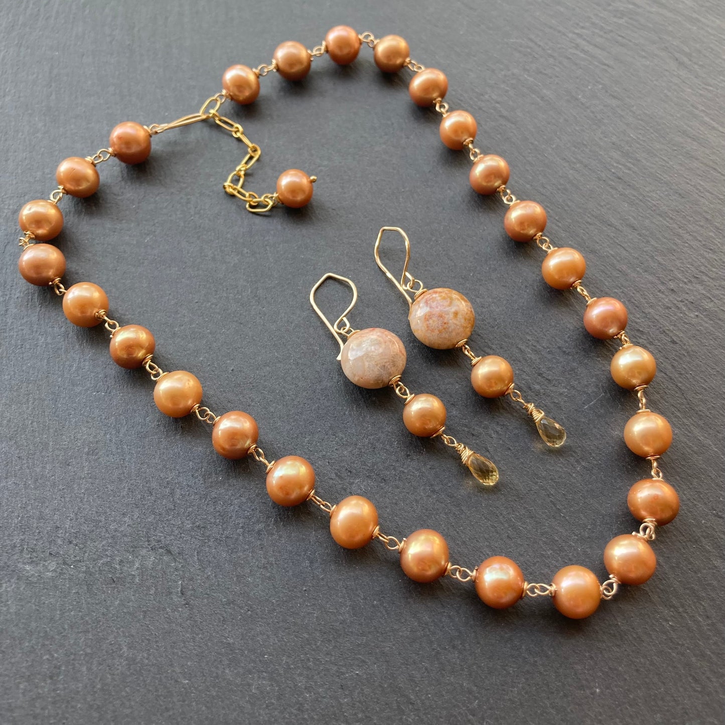 Fossil Coral, Champagne Pearl, Citrine & Gold Earrings