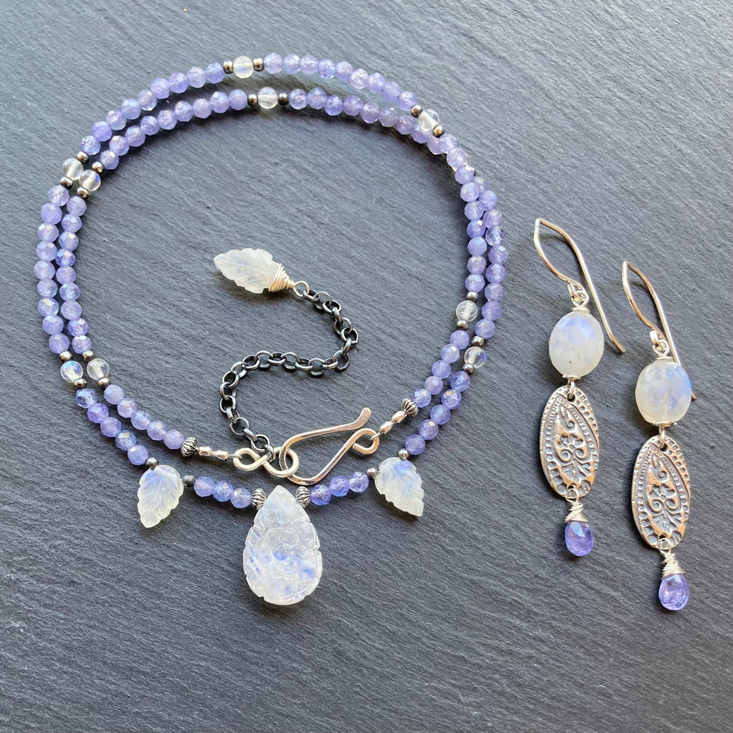 Rainbow Moonstone, Tanzanite & Sterling Silver Earrings