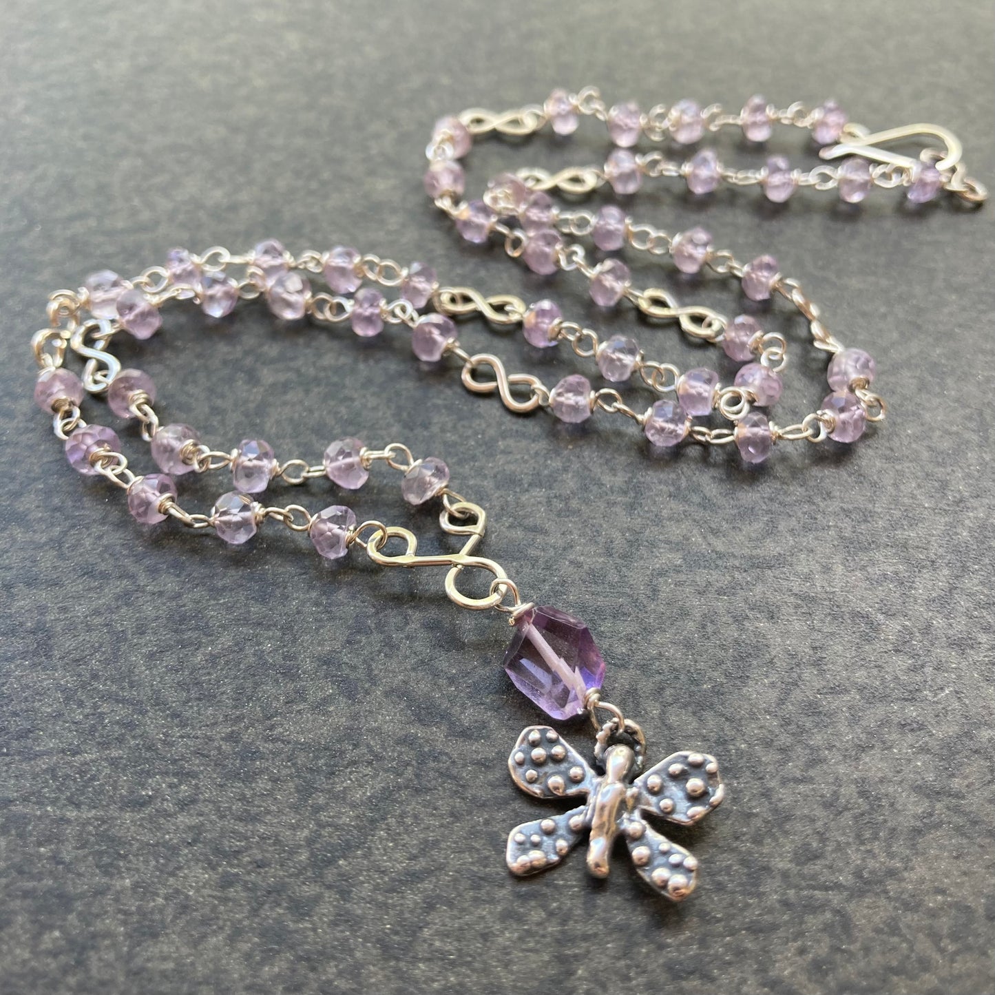 Pink Amethyst & Sterling Silver Butterfly Infinity Necklace