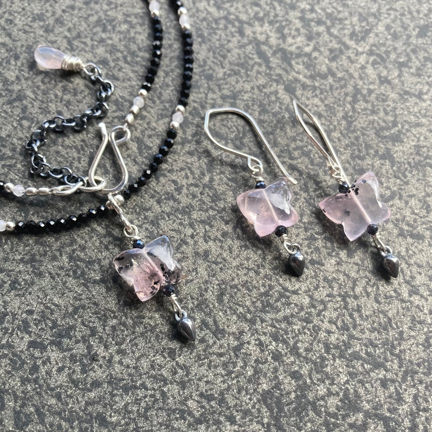 Black Spinel, Sterling Silver & Hematite in Rose Quartz Butterfly Pendant Choker