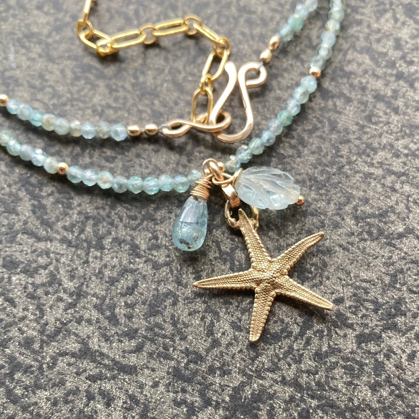 Aqua Apatite, Gold & Bronze Sea Star Charm Necklace