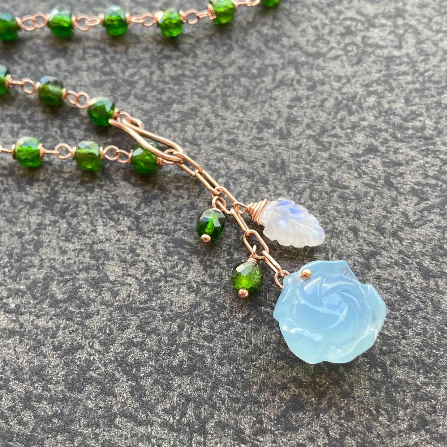 Aquamarine, Chrome Diopside & Rose Gold Lariat Necklace