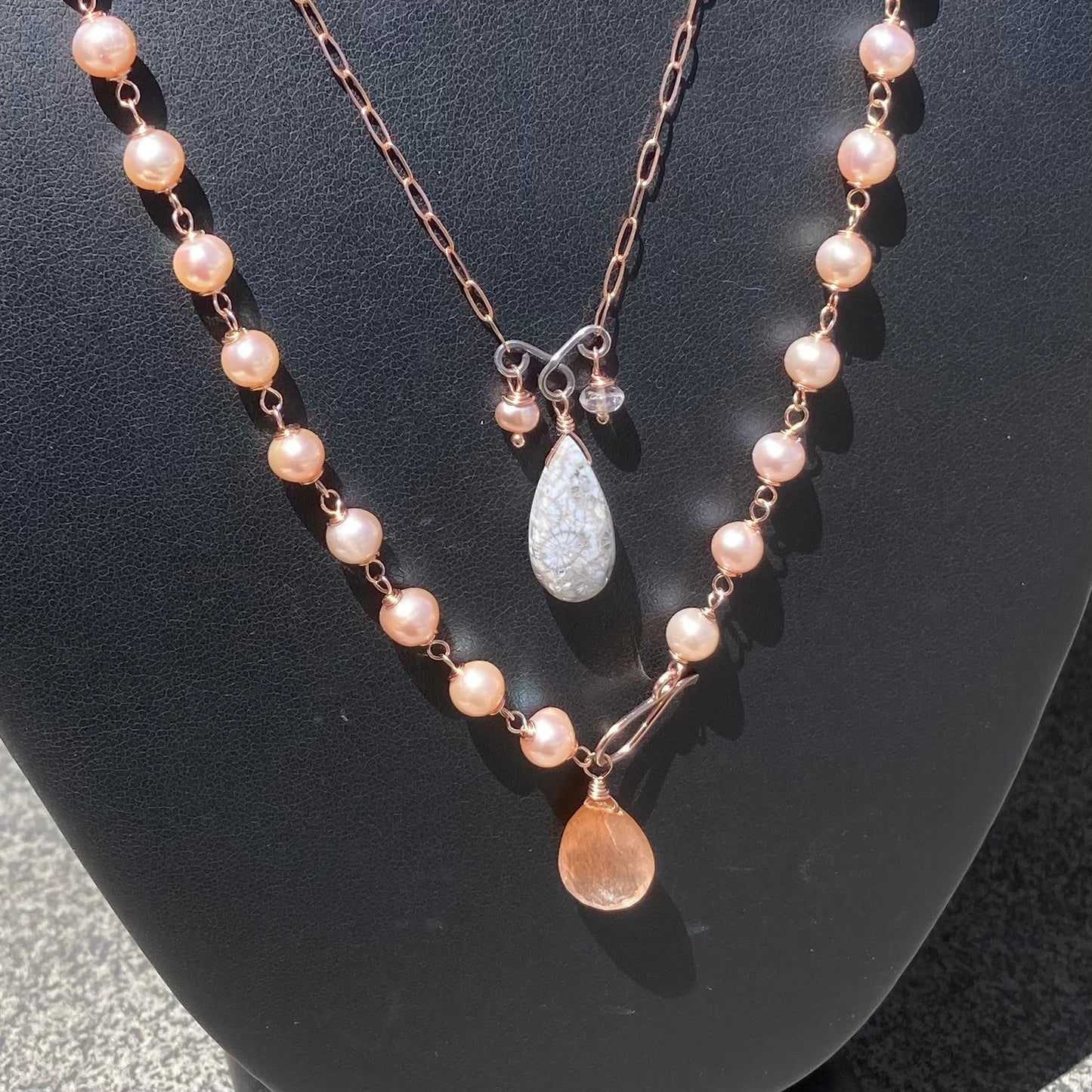 Pink Freshwater Pearl, Rose Gold & Copper Rutilated Quartz Convertible Pendant Necklace