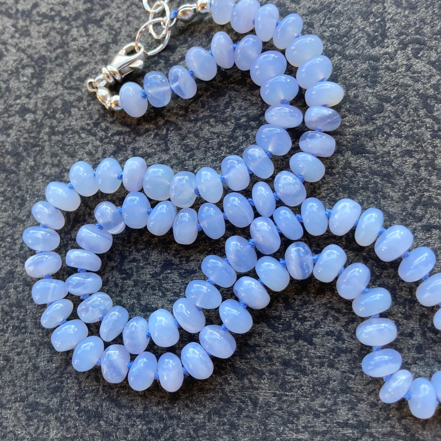 Blue Lace Agate Hand Knotted Silk Necklace