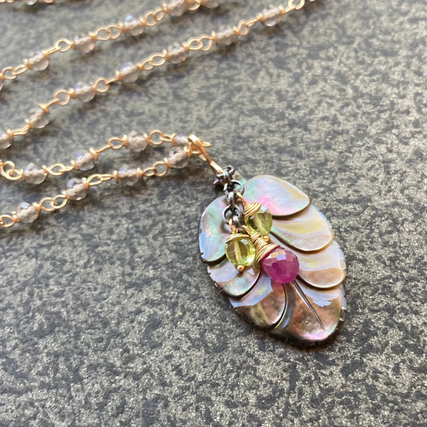 Black Mother of Pearl, Ice Obsidian & Mixed Metal Leaf Pendant Necklace