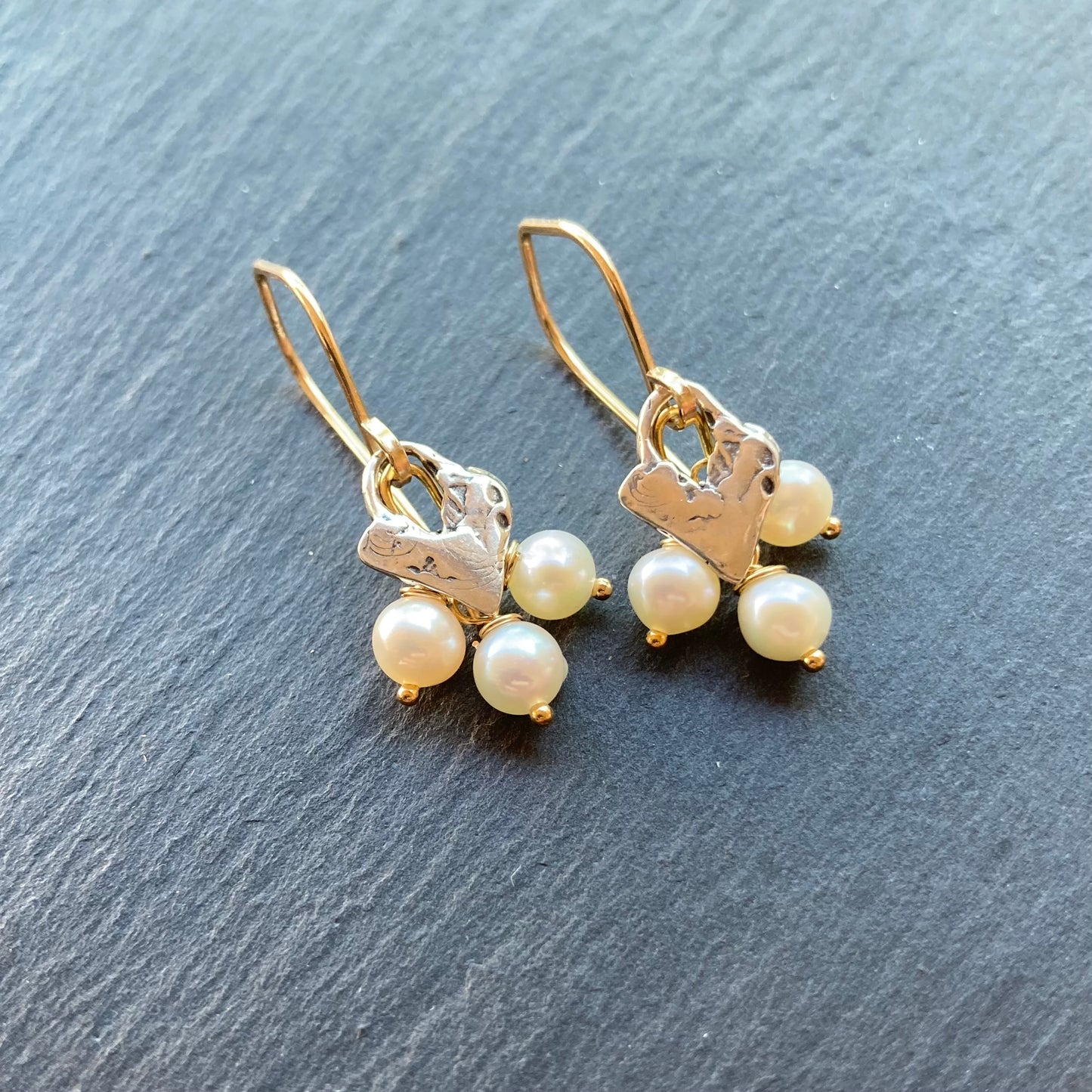Freshwater Pearl, Gold & Sterling Silver Heart Earrings