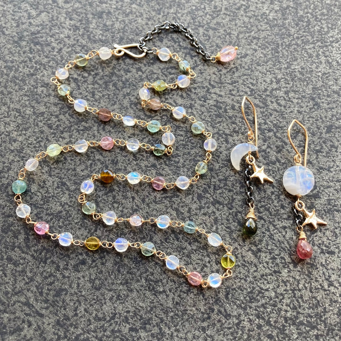 Rainbow Moonstone, Multicolor Tourmaline & Gold Necklace