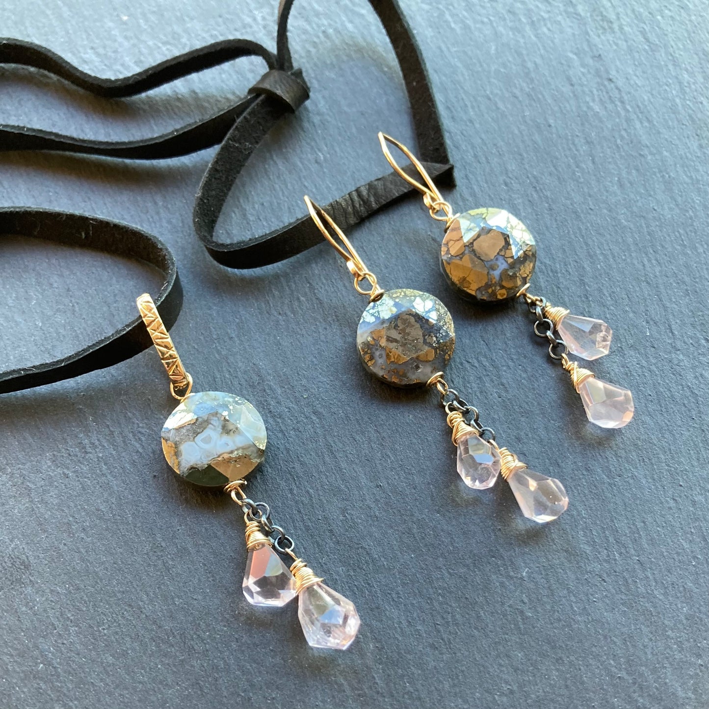 Nipomo Marcasite in Agate, Rose Quartz & Mixed Metal Earrings