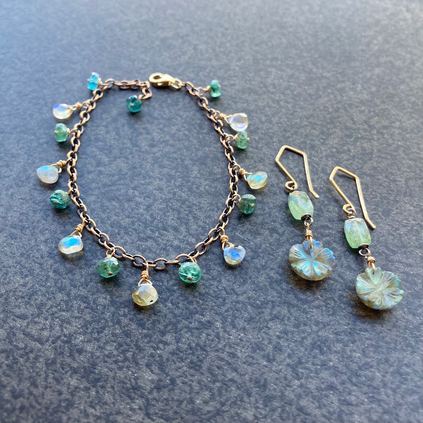 Green Kyanite, Labradorite & Mixed Metal Charm Bracelet